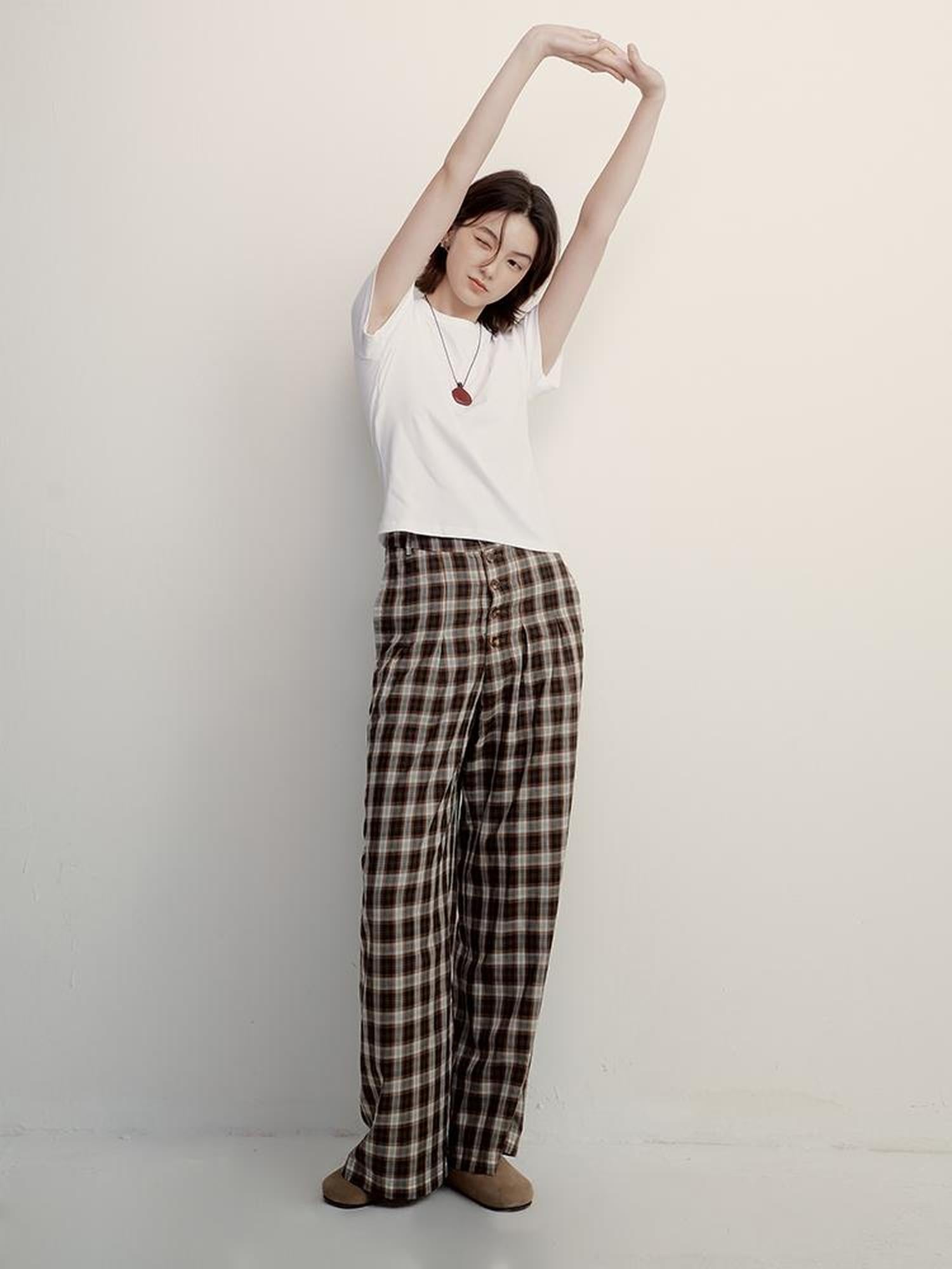 FUSSED Vintage Plaid Wide Leg Trousers with Front Pleats and Relaxed Drape