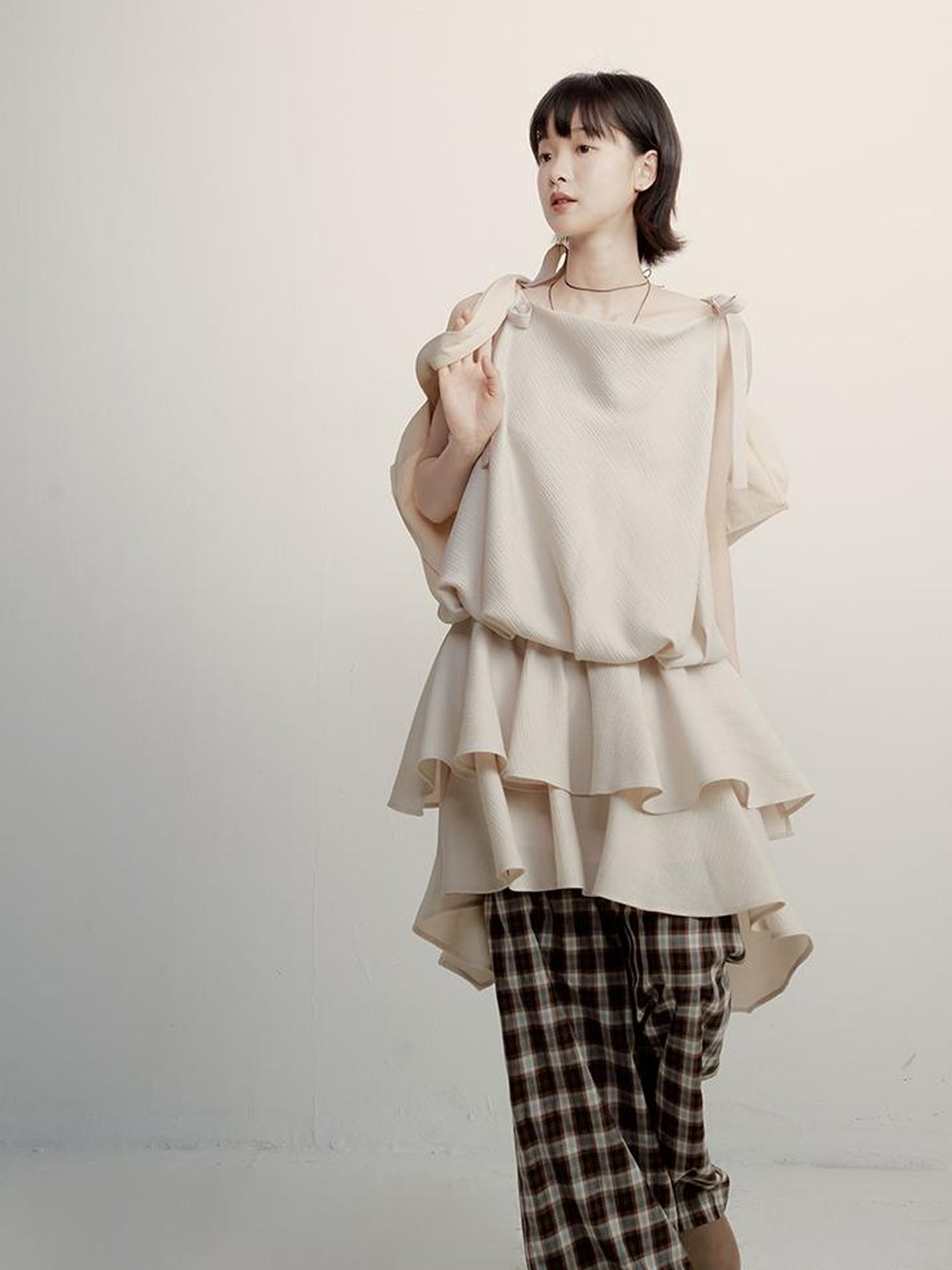 FUSSED Vintage Plaid Wide Leg Trousers with Front Pleats and Relaxed Drape