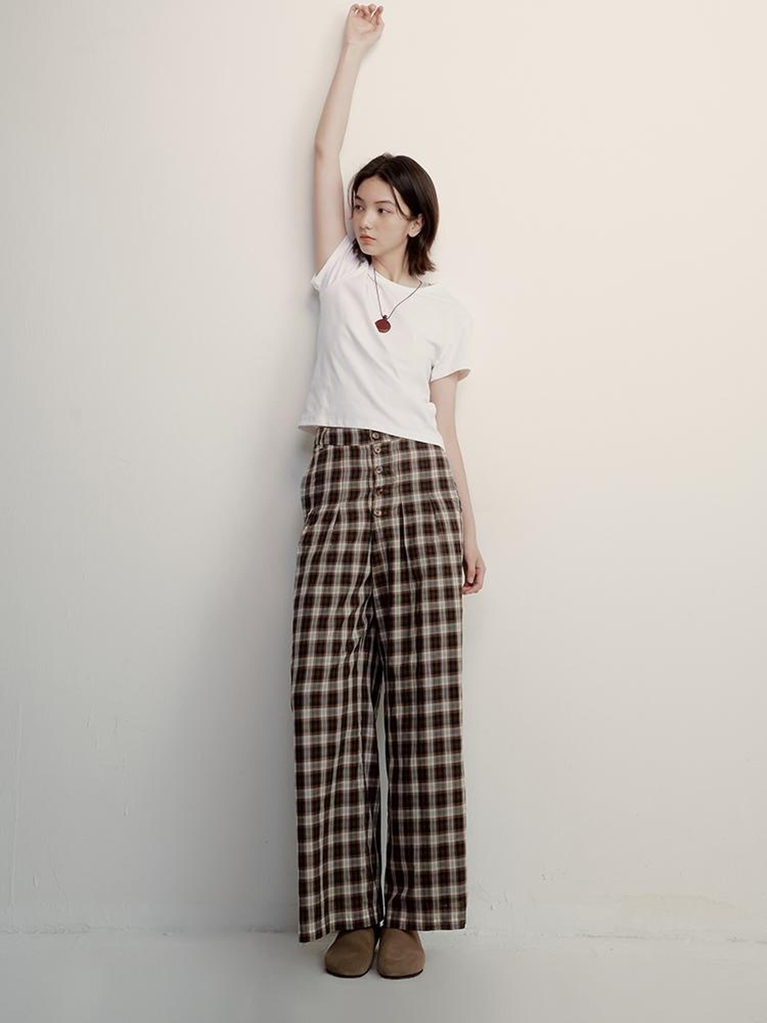 FUSSED Vintage Plaid Wide Leg Trousers with Front Pleats and Relaxed Drape