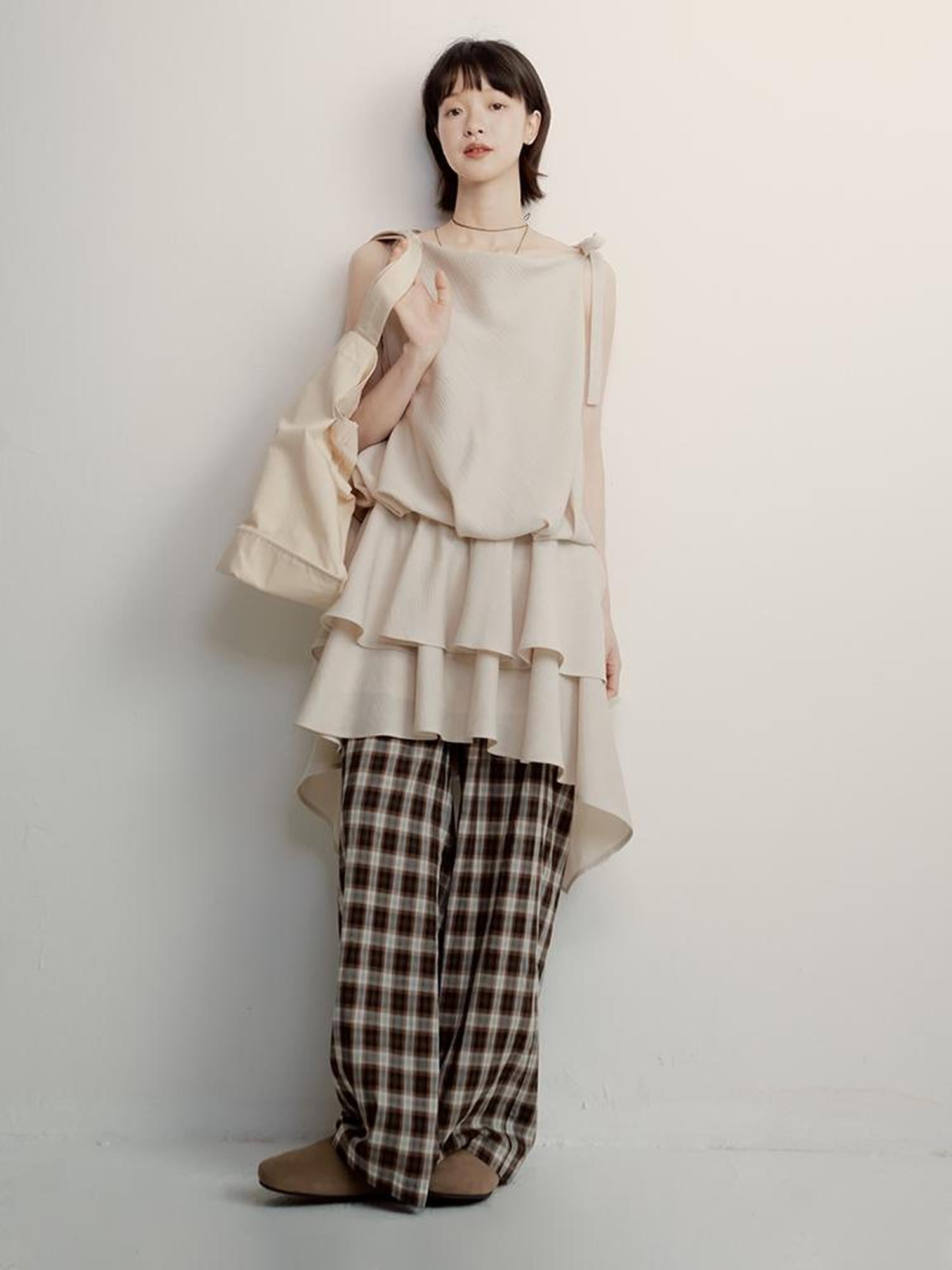 FUSSED Vintage Plaid Wide Leg Trousers with Front Pleats and Relaxed Drape