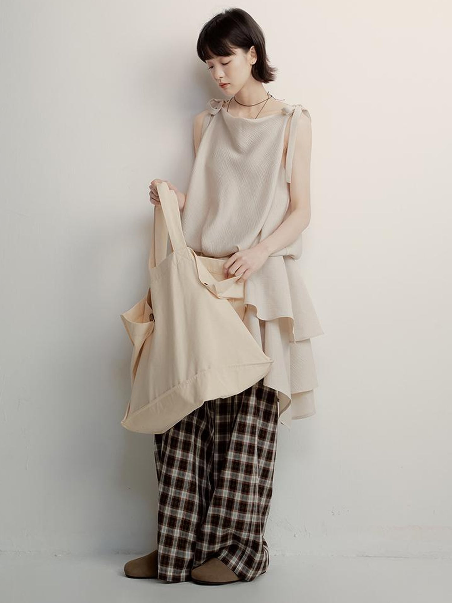 FUSSED Vintage Plaid Wide Leg Trousers with Front Pleats and Relaxed Drape