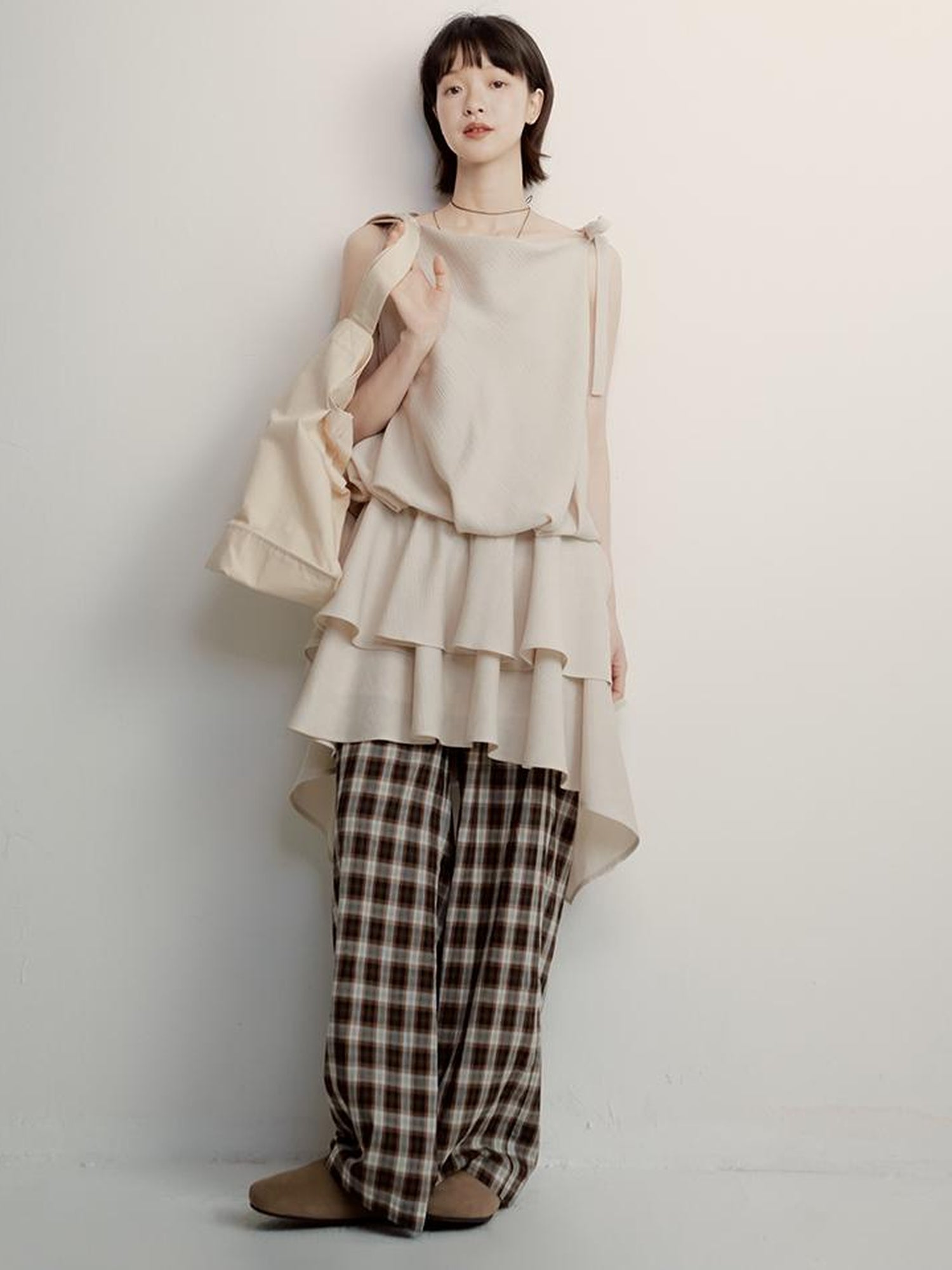 FUSSED Vintage Plaid Wide Leg Trousers with Front Pleats and Relaxed Drape