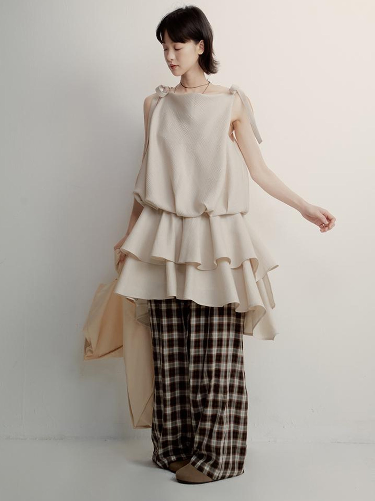 FUSSED Vintage Plaid Wide Leg Trousers with Front Pleats and Relaxed Drape