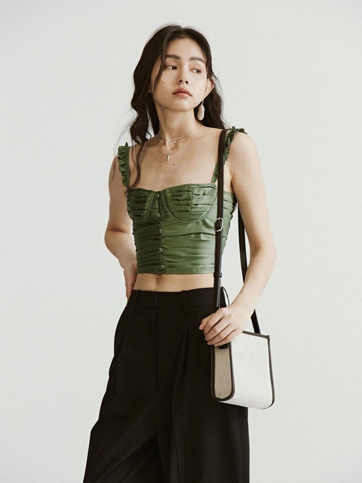 FUSSED Vintage Sage Green Satin Ruffle Camisole Top