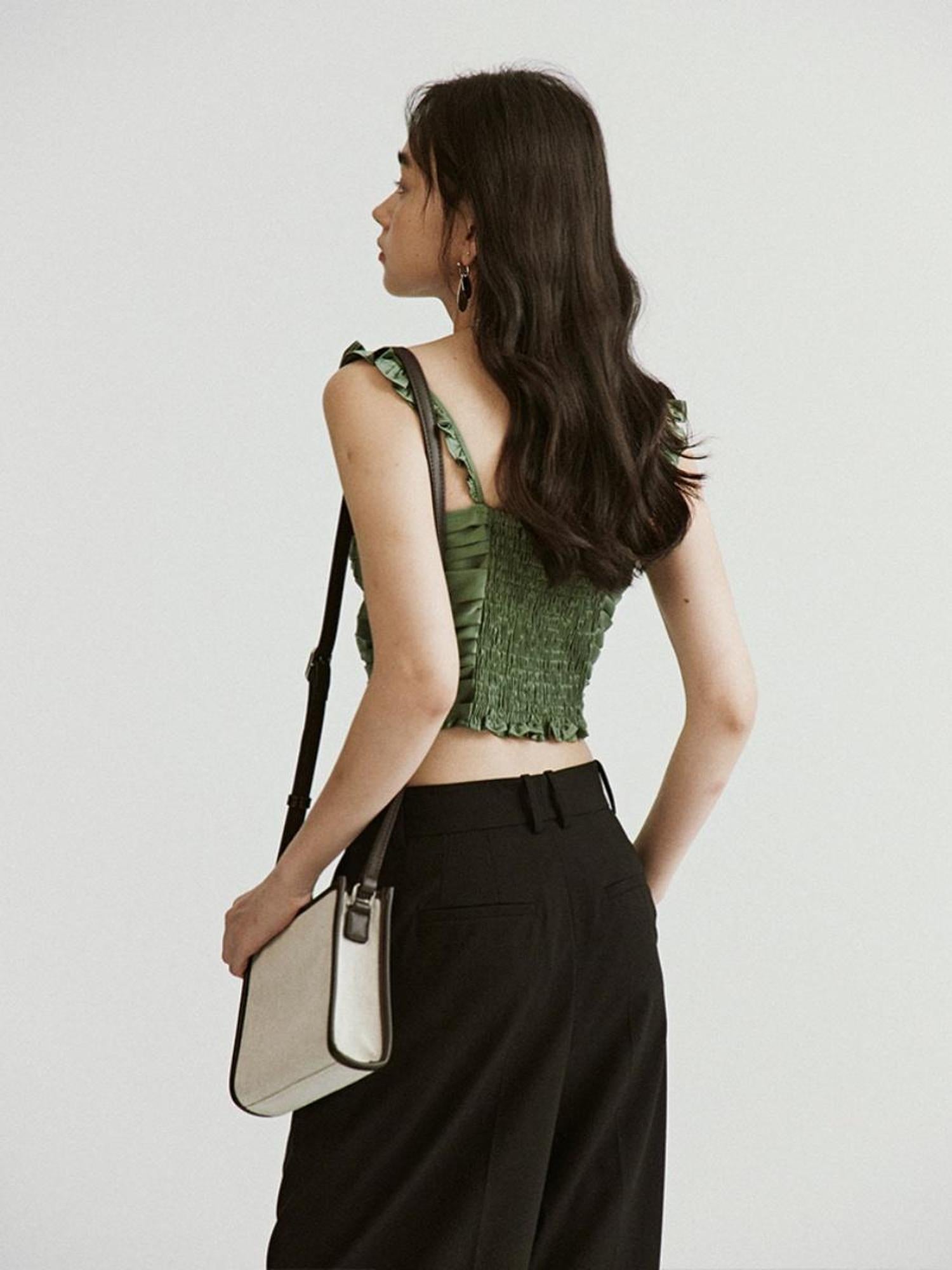 FUSSED Vintage Sage Green Satin Ruffle Camisole Top