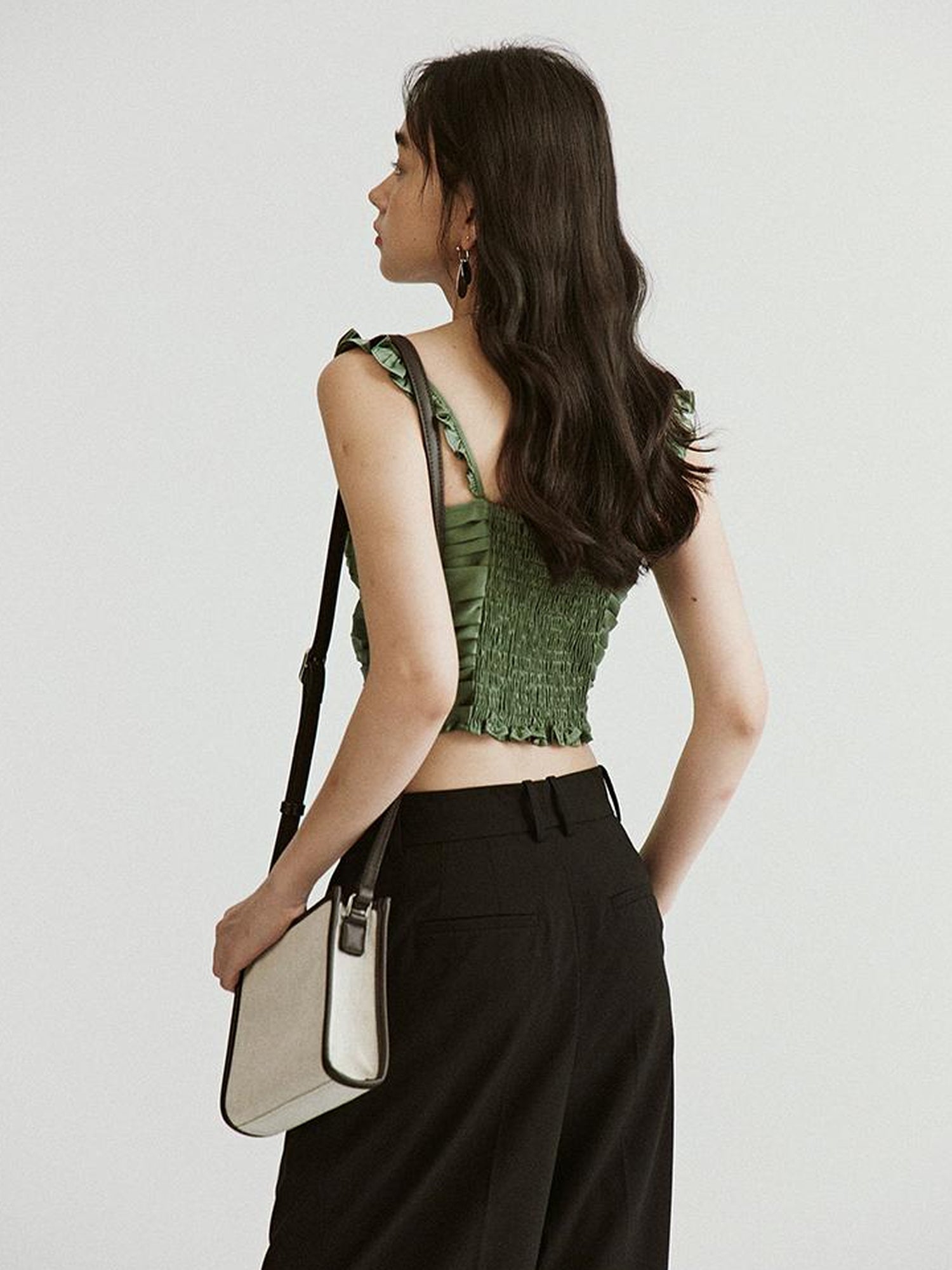 FUSSED Vintage Sage Green Satin Ruffle Camisole Top