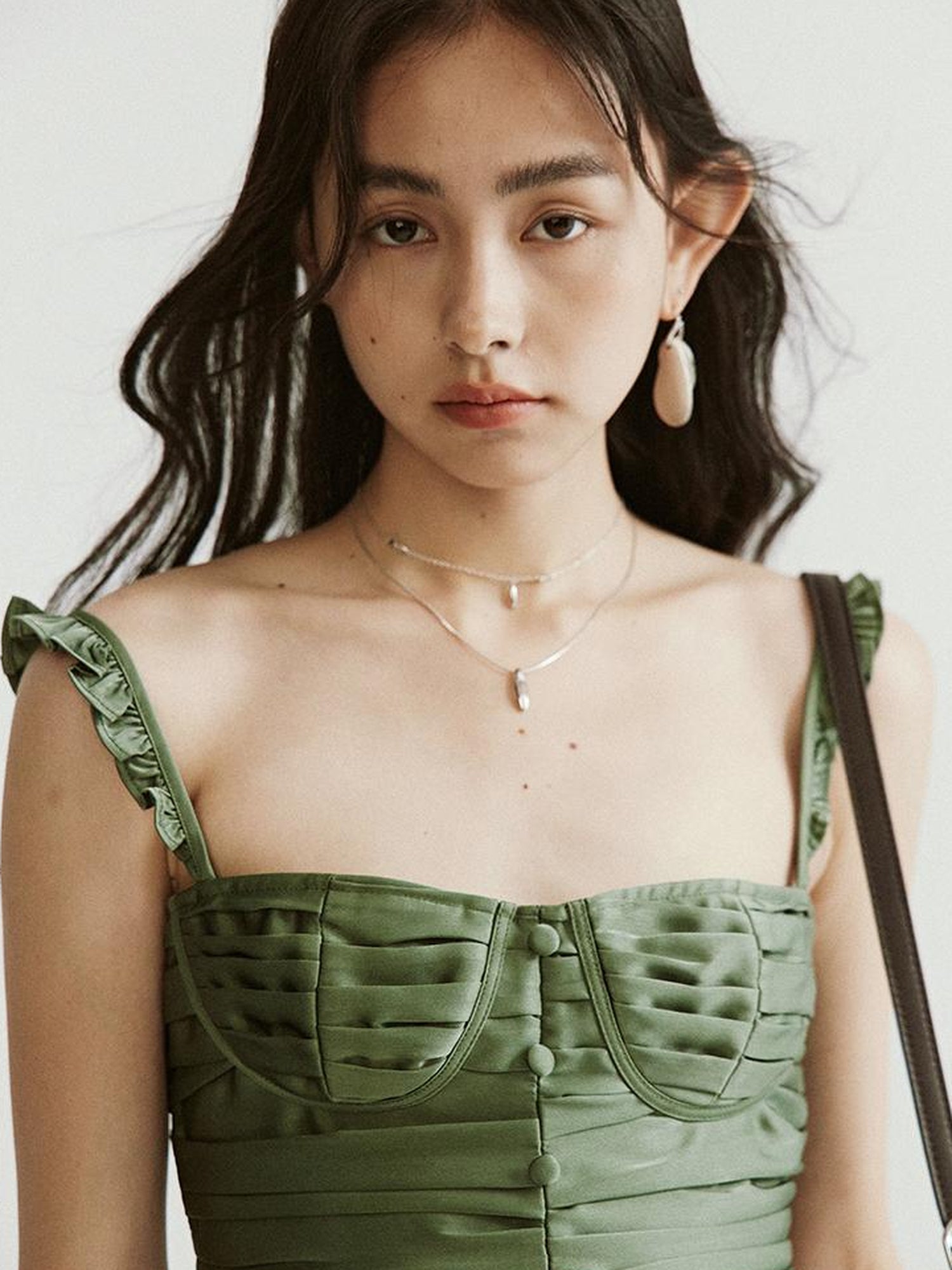 FUSSED Vintage Sage Green Satin Ruffle Camisole Top