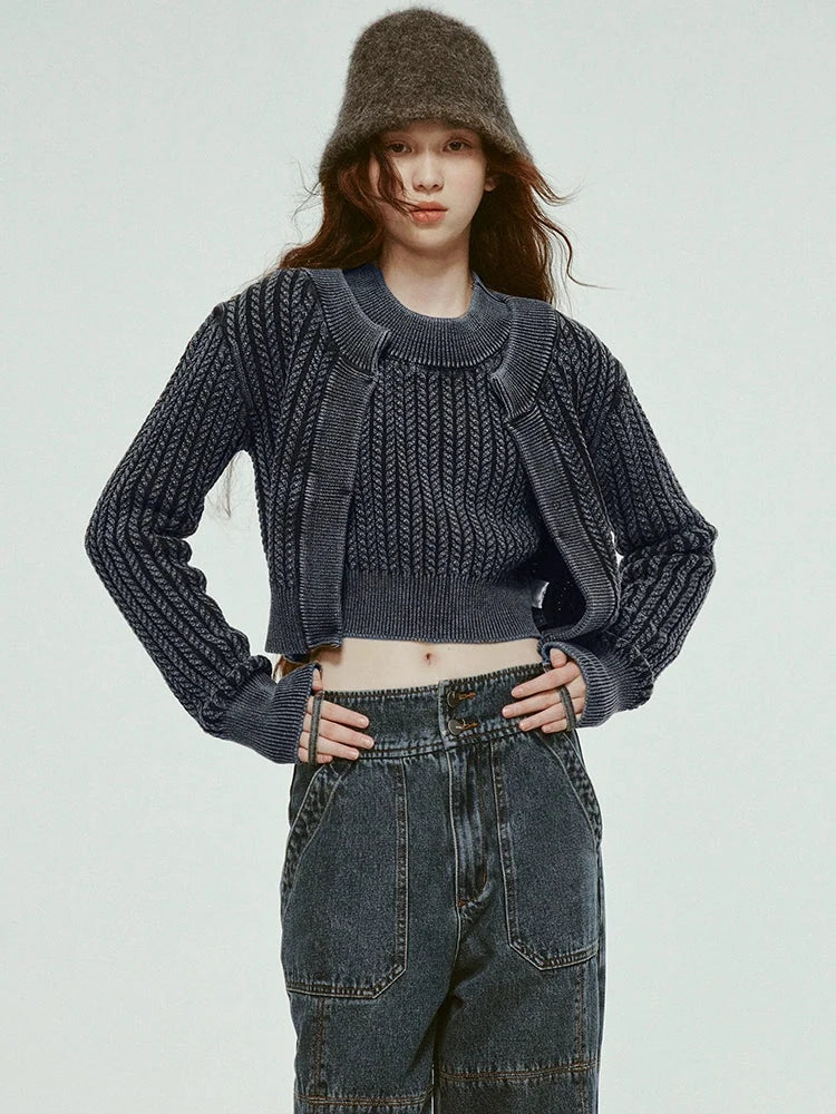 Vintage Washed Blue Cropped Cable Knit Cardigan