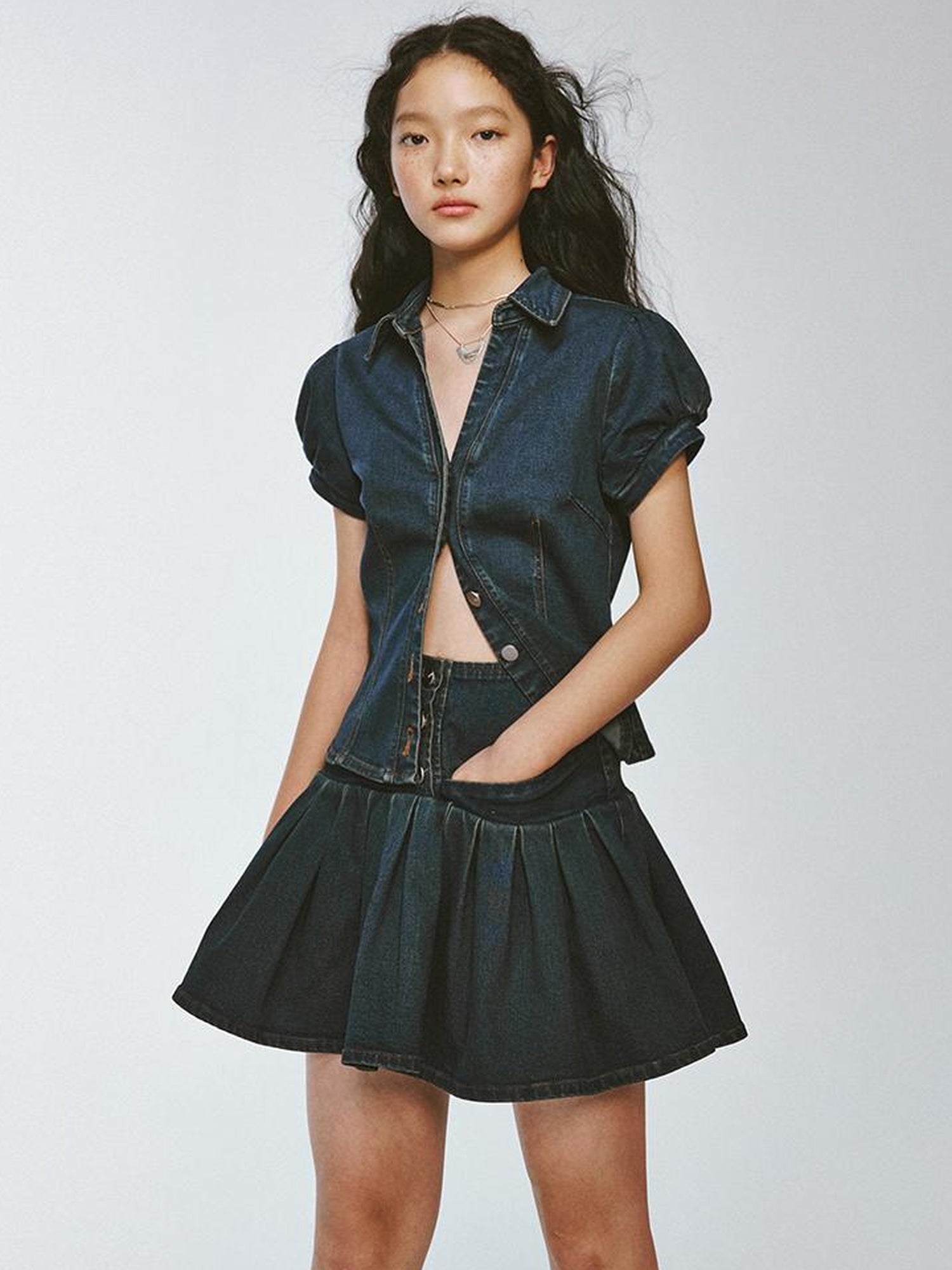 FUSSED Vtg Cowgirl Contrast Washed Denim A Line Pleated Skirt