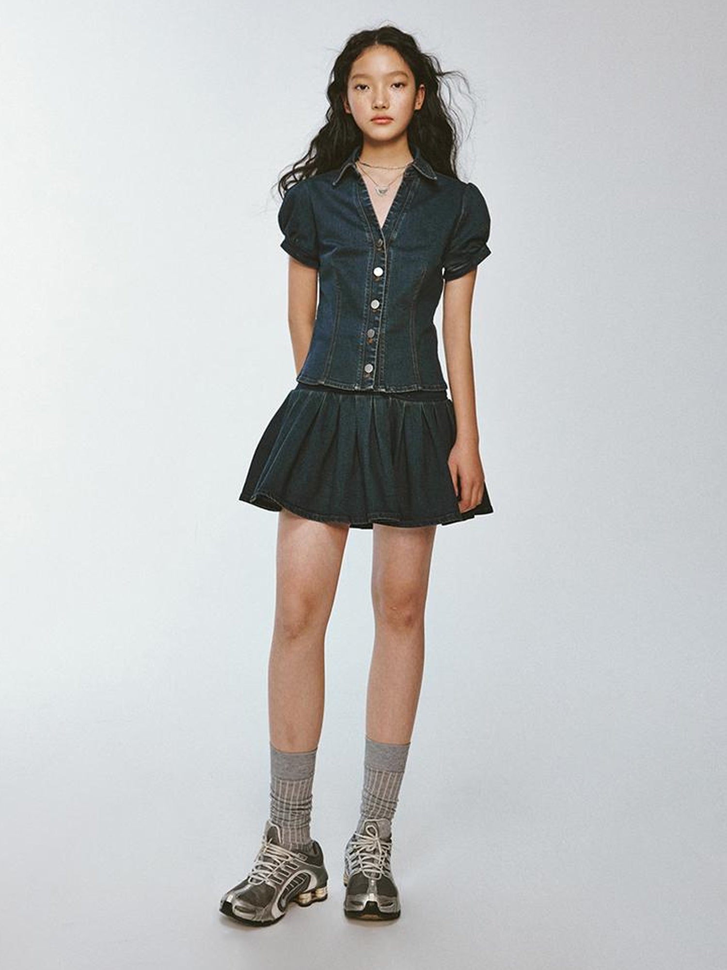 FUSSED Vtg Cowgirl Vintage Blue V-neck Denim Puff Sleeve Crop Shirt