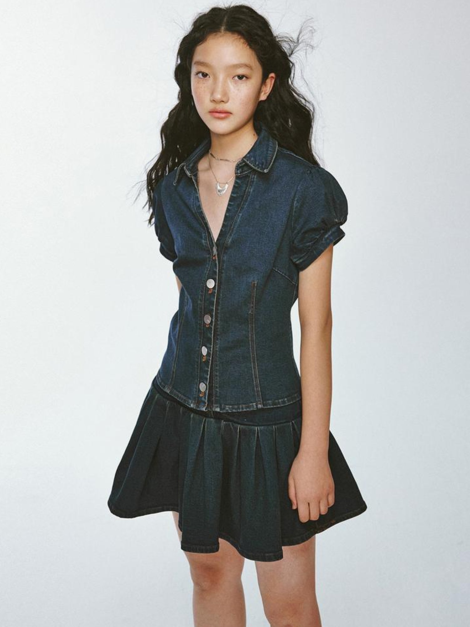 FUSSED Vtg Cowgirl Vintage Blue V-neck Denim Puff Sleeve Crop Shirt