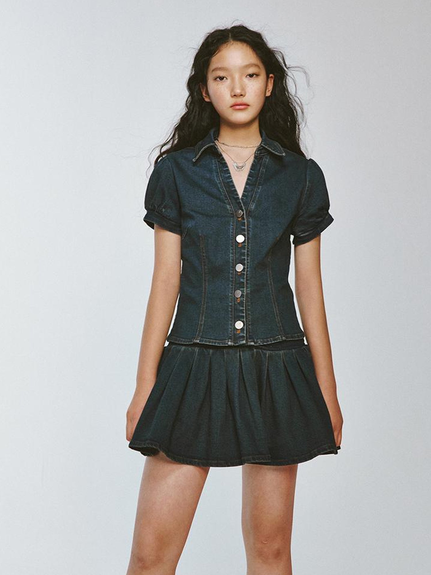 FUSSED Vtg Cowgirl Vintage Blue V-neck Denim Puff Sleeve Crop Shirt