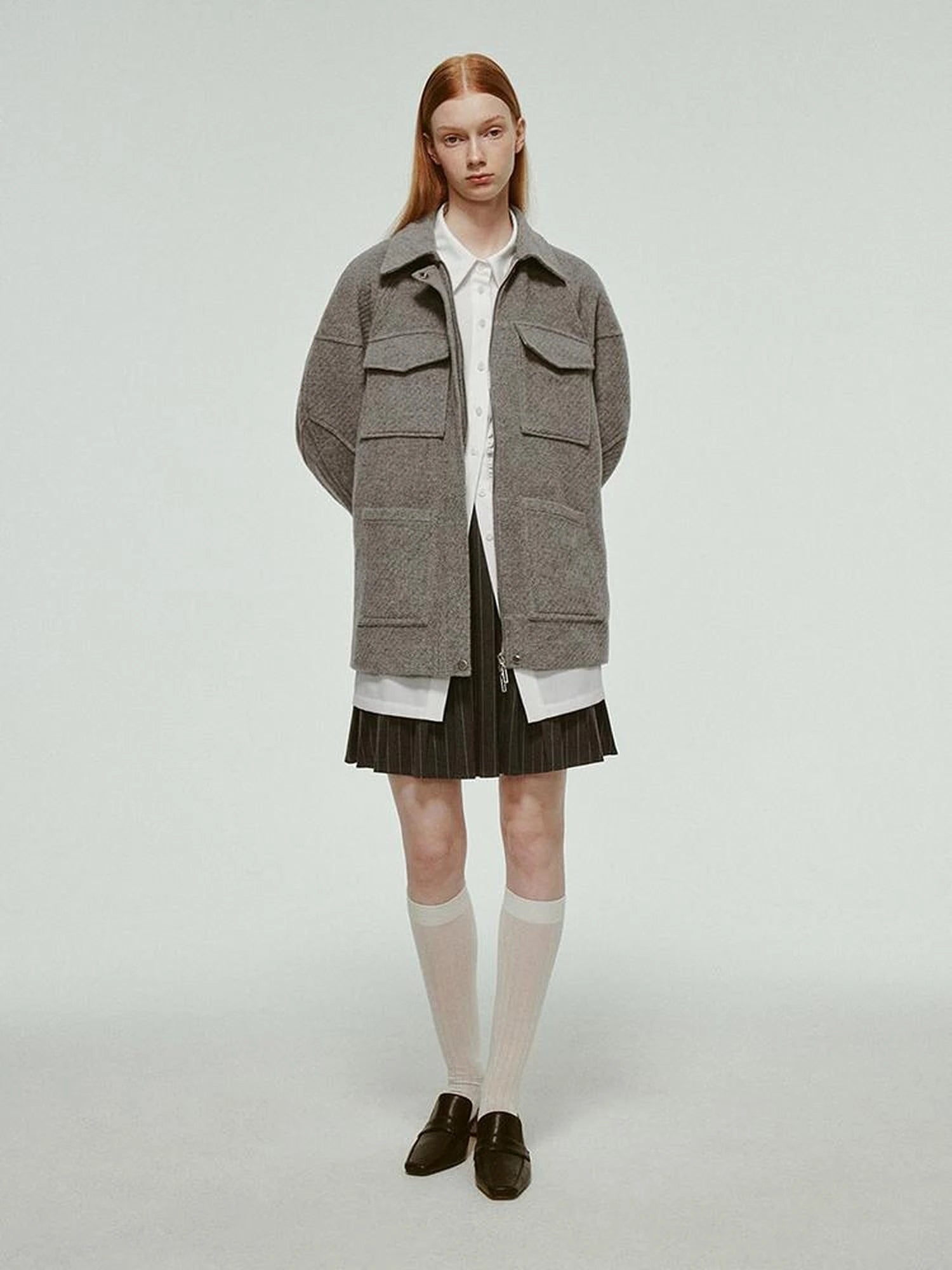 Vtg Wool Blend Curved Hem Sand Grey Patchwork Jacket