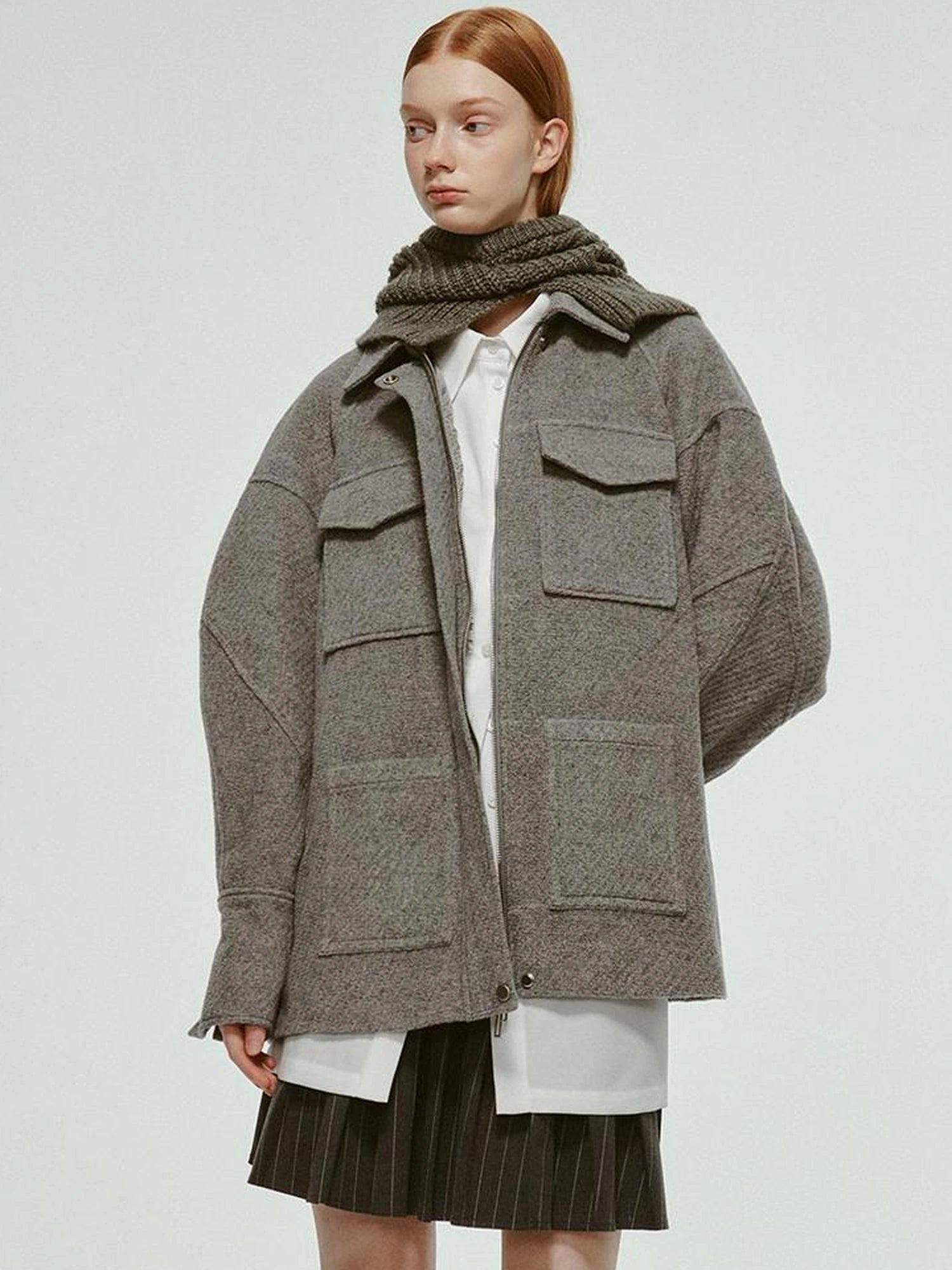 Vtg Wool Blend Curved Hem Sand Grey Patchwork Jacket