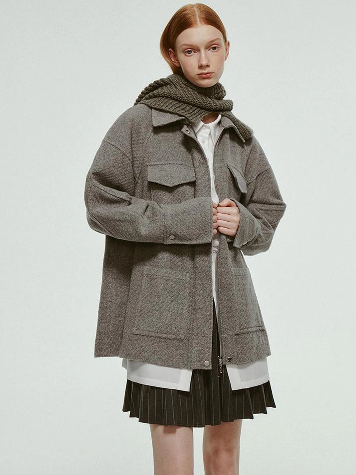 Vtg Wool Blend Curved Hem Sand Grey Patchwork Jacket