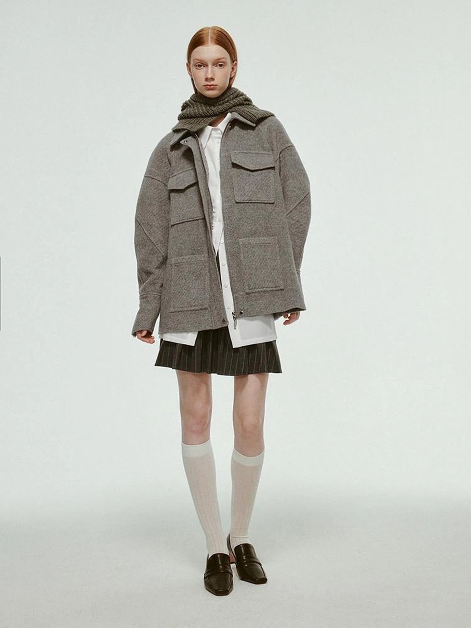 Vtg Wool Blend Curved Hem Sand Grey Patchwork Jacket