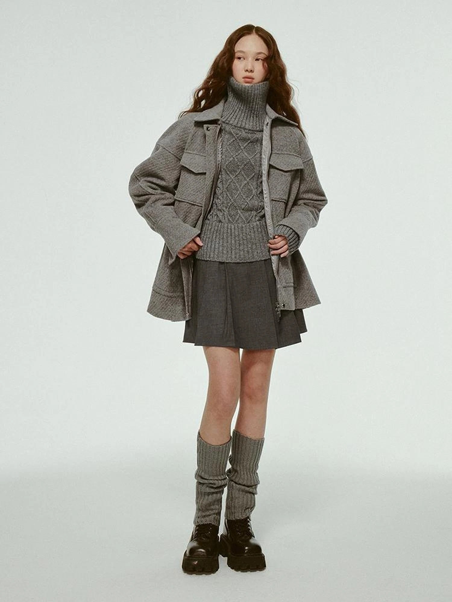 Vtg Wool Blend Curved Hem Sand Grey Patchwork Jacket