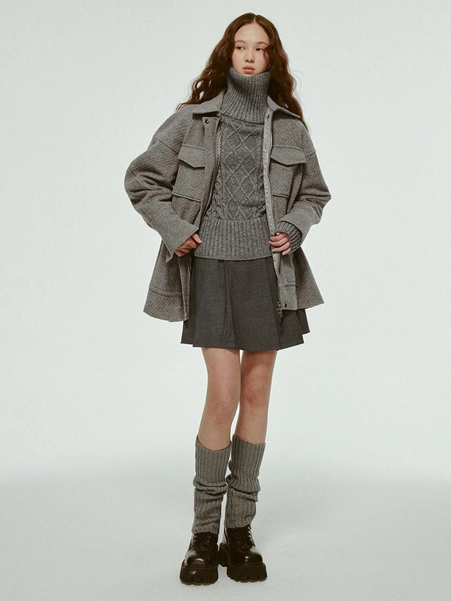 Vtg Wool Blend Curved Hem Sand Grey Patchwork Jacket