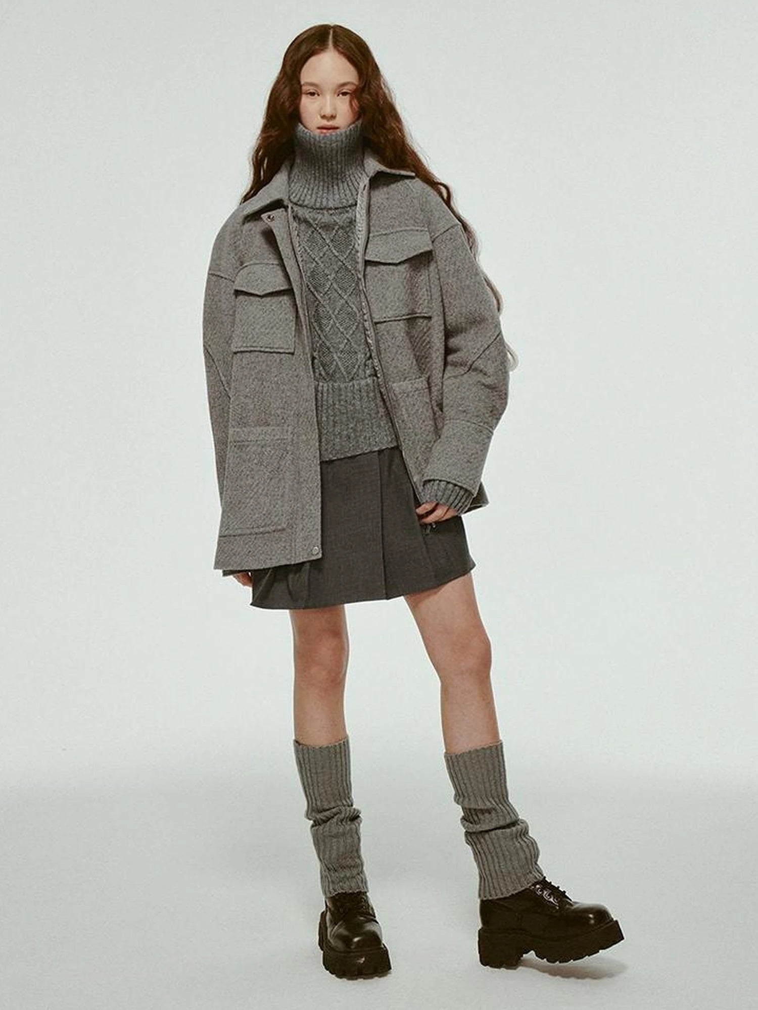 Vtg Wool Blend Curved Hem Sand Grey Patchwork Jacket