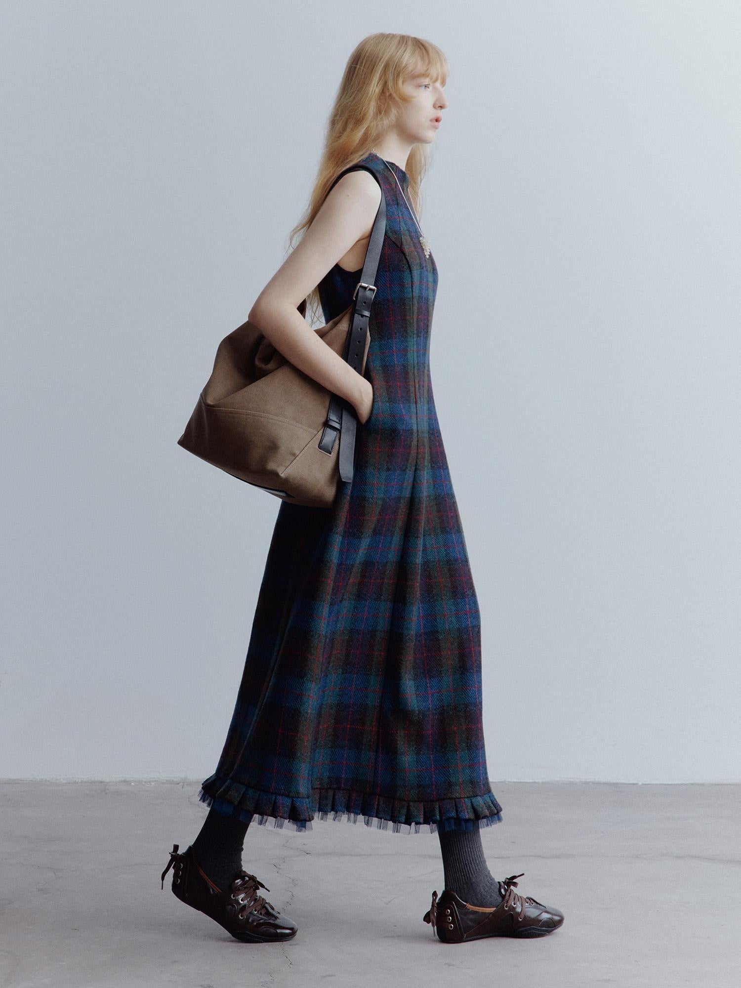 FUSSED Waist Cinch Preppy A Line Mesh Back Zipper Wool Sleeveless Maxi Dresses