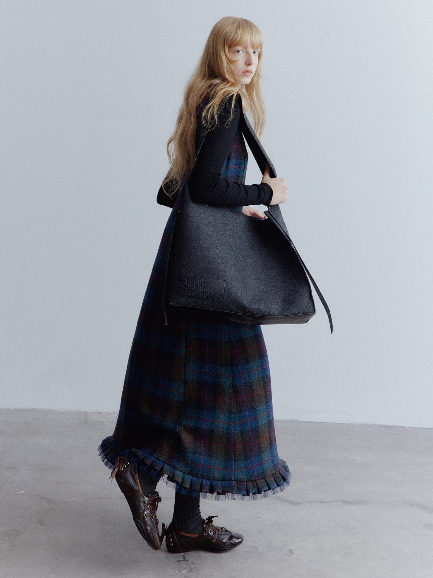 FUSSED Waist Cinch Preppy A Line Mesh Back Zipper Wool Sleeveless Maxi Dresses