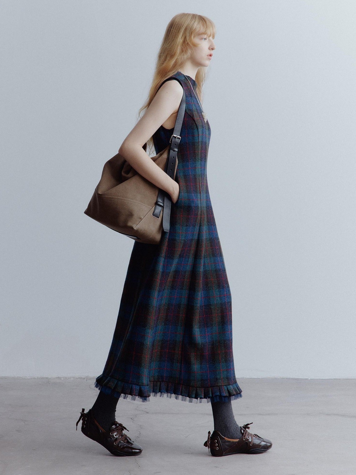 FUSSED Waist Cinch Preppy A Line Mesh Back Zipper Wool Sleeveless Maxi Dresses