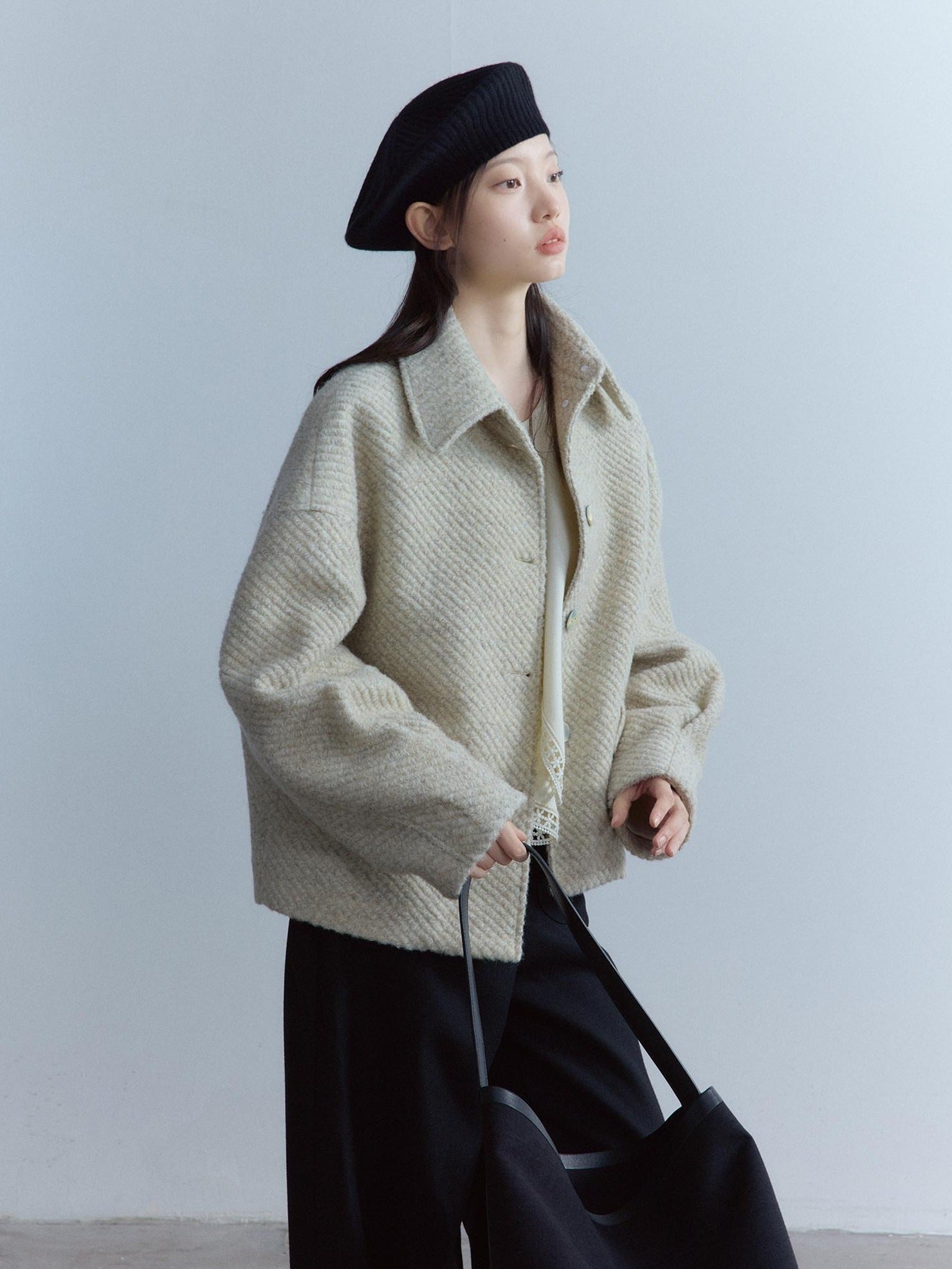 FUSSED Warm Girly Oversized Lapel Women Oatmeal Slanted Pockets Single Button Jacket