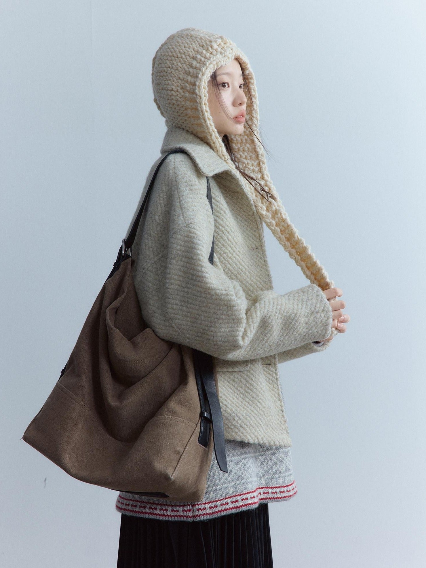 FUSSED Warm Girly Oversized Lapel Women Oatmeal Slanted Pockets Single Button Jacket