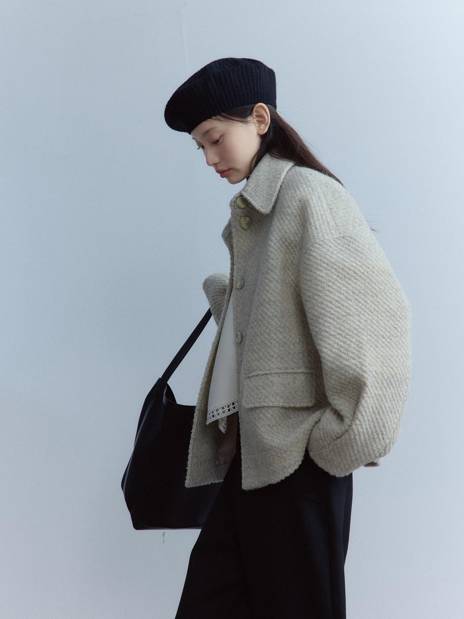 FUSSED Warm Girly Oversized Lapel Women Oatmeal Slanted Pockets Single Button Jacket