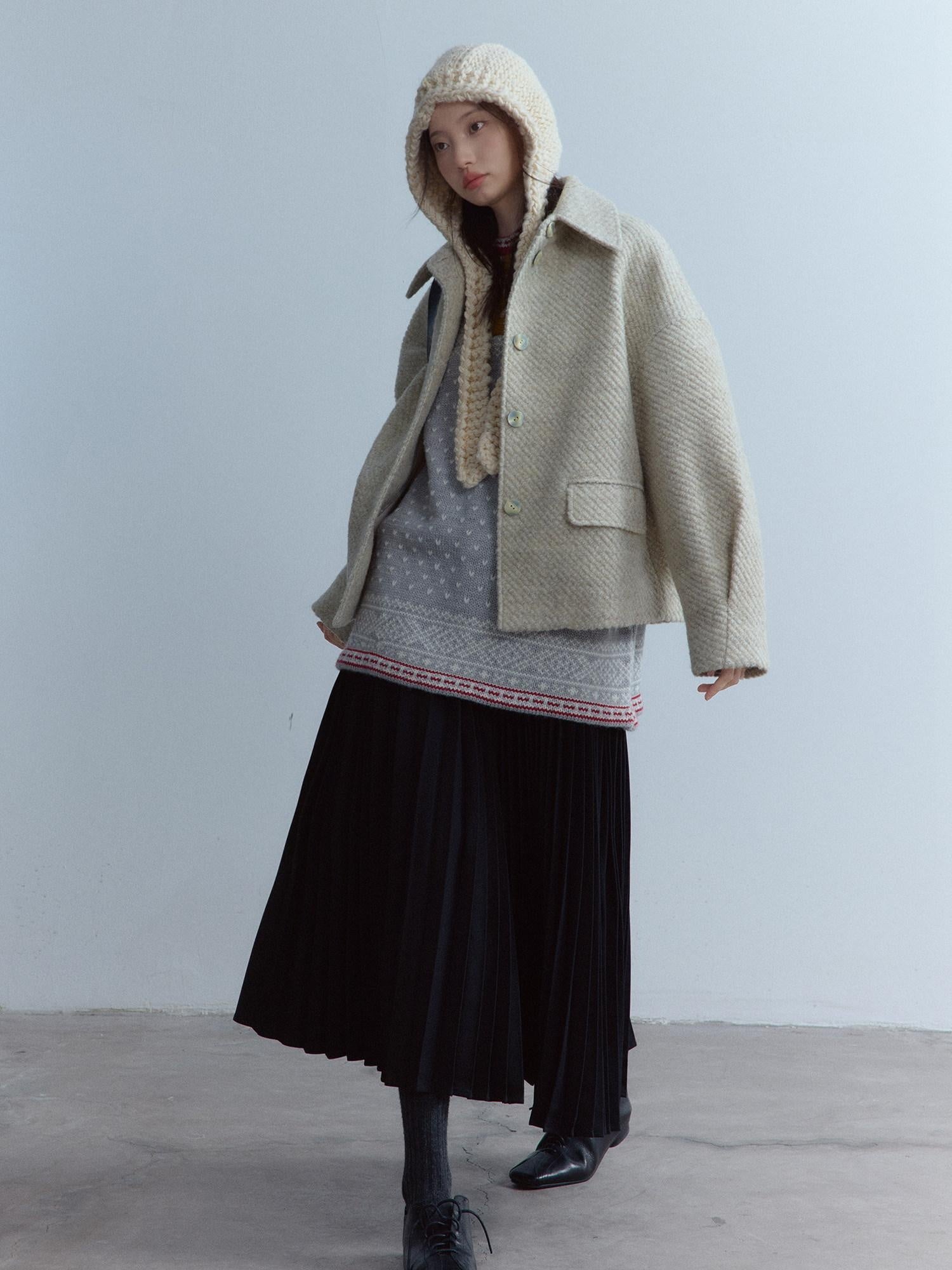 FUSSED Warm Girly Oversized Lapel Women Oatmeal Slanted Pockets Single Button Jacket