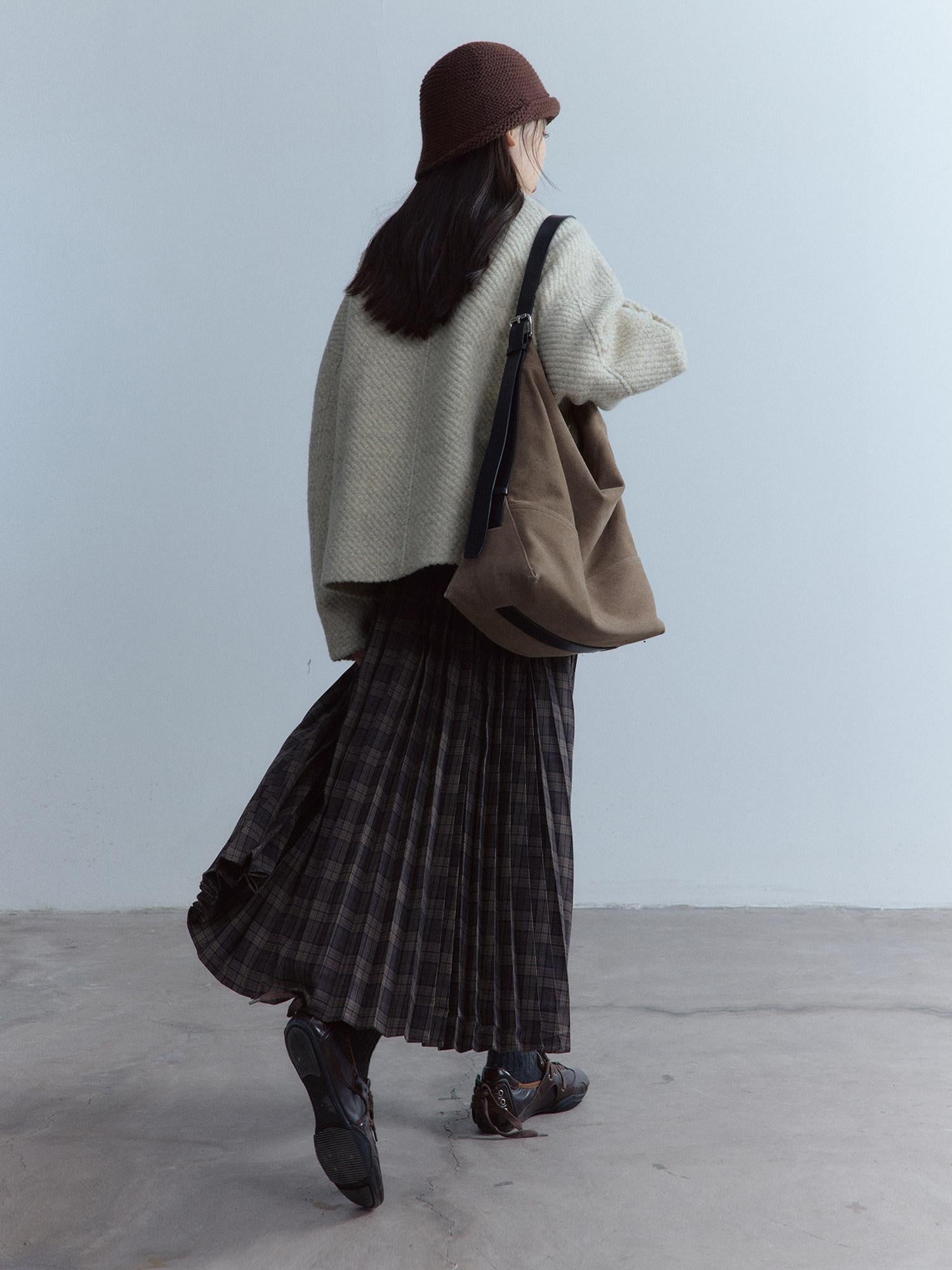 FUSSED Warm Girly Oversized Lapel Women Oatmeal Slanted Pockets Single Button Jacket