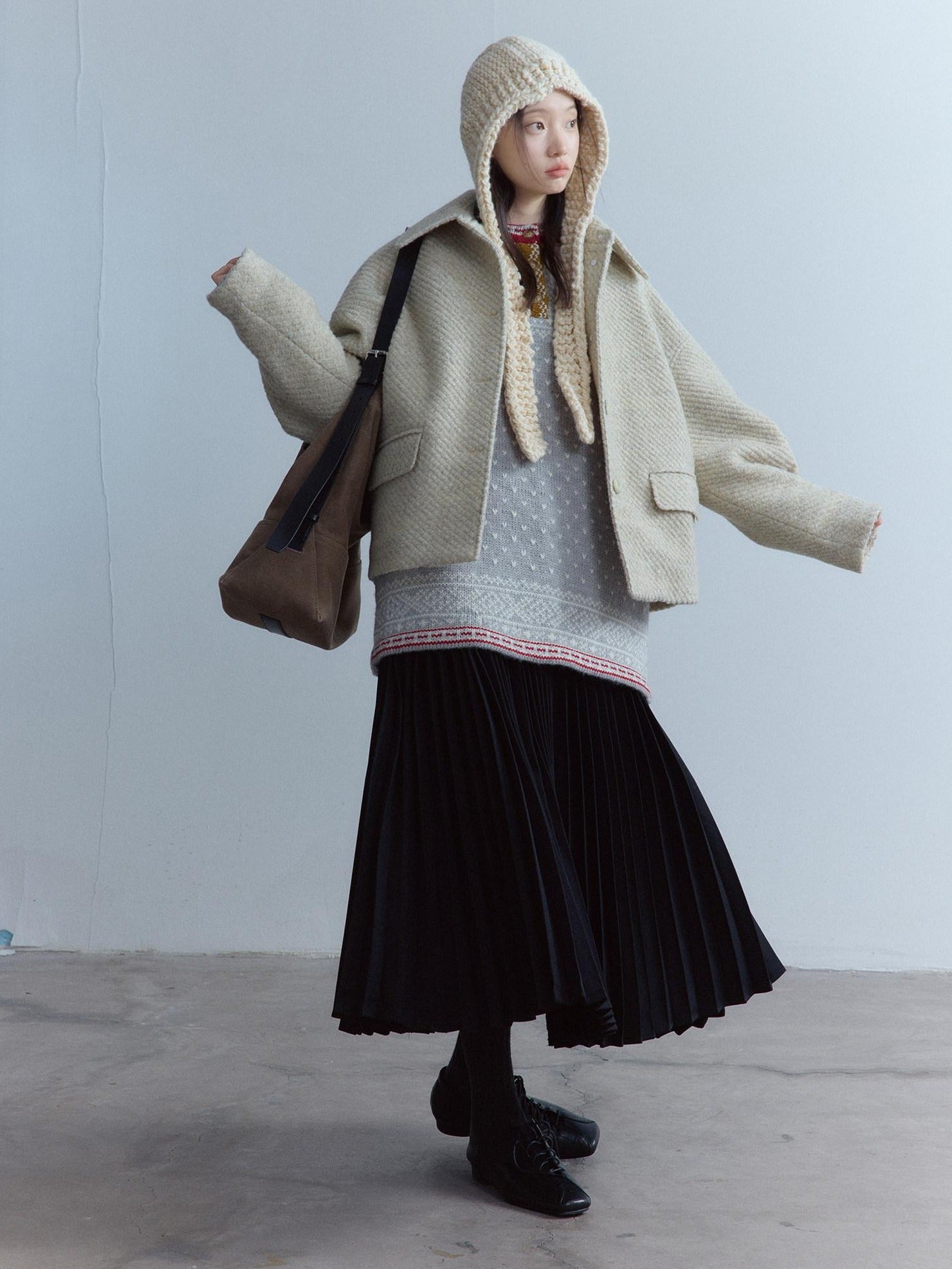 FUSSED Warm Girly Oversized Lapel Women Oatmeal Slanted Pockets Single Button Jacket