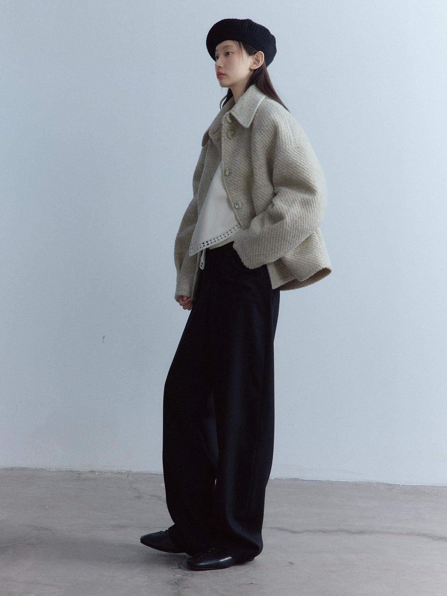 FUSSED Warm Girly Oversized Lapel Women Oatmeal Slanted Pockets Single Button Jacket