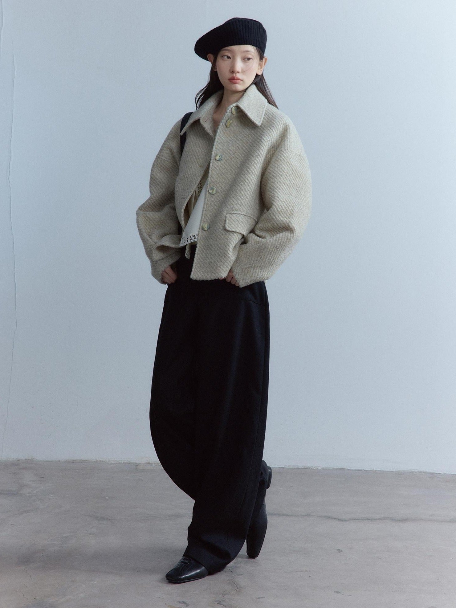 FUSSED Warm Girly Oversized Lapel Women Oatmeal Slanted Pockets Single Button Jacket