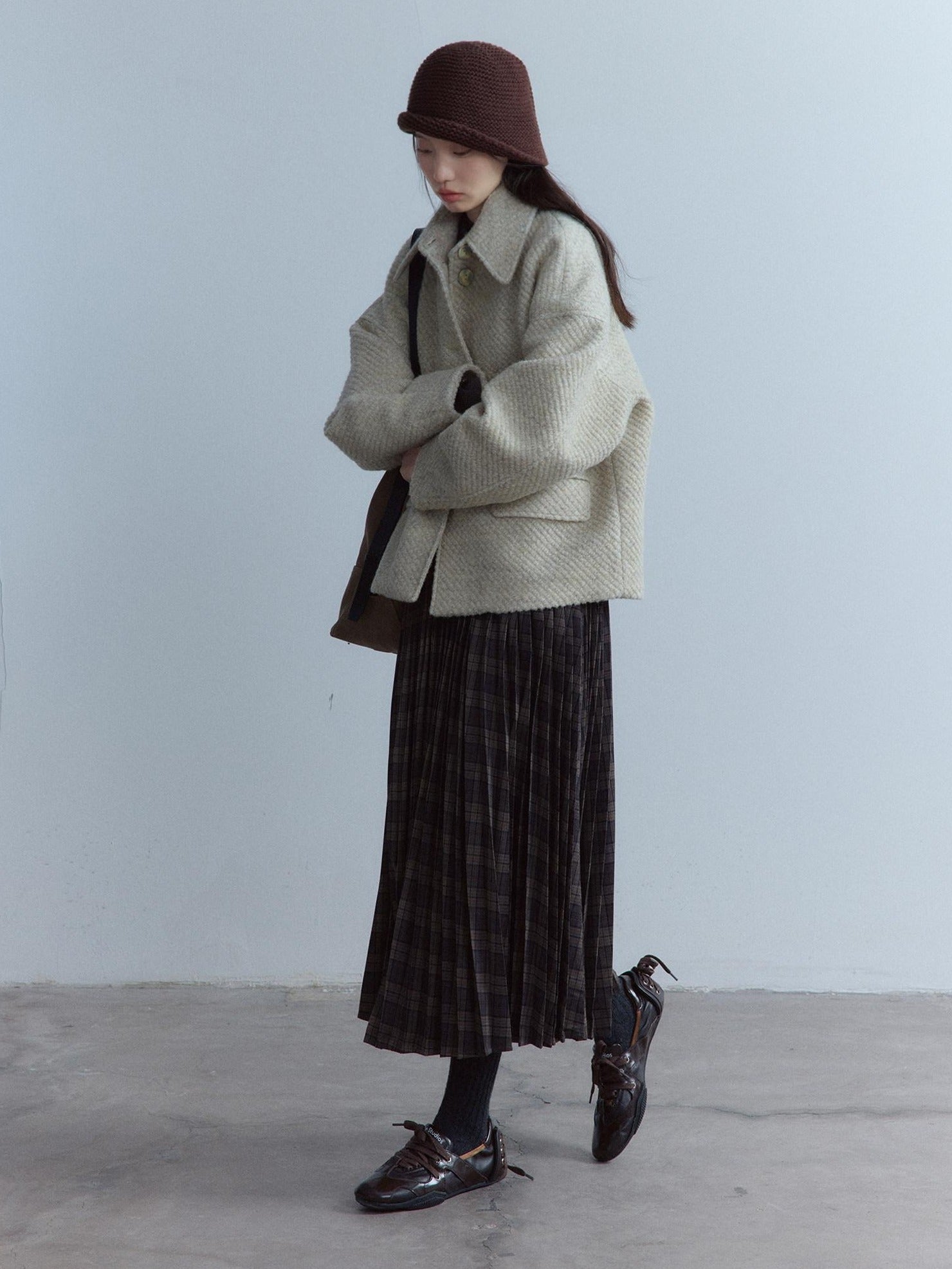 FUSSED Warm Girly Oversized Lapel Women Oatmeal Slanted Pockets Single Button Jacket