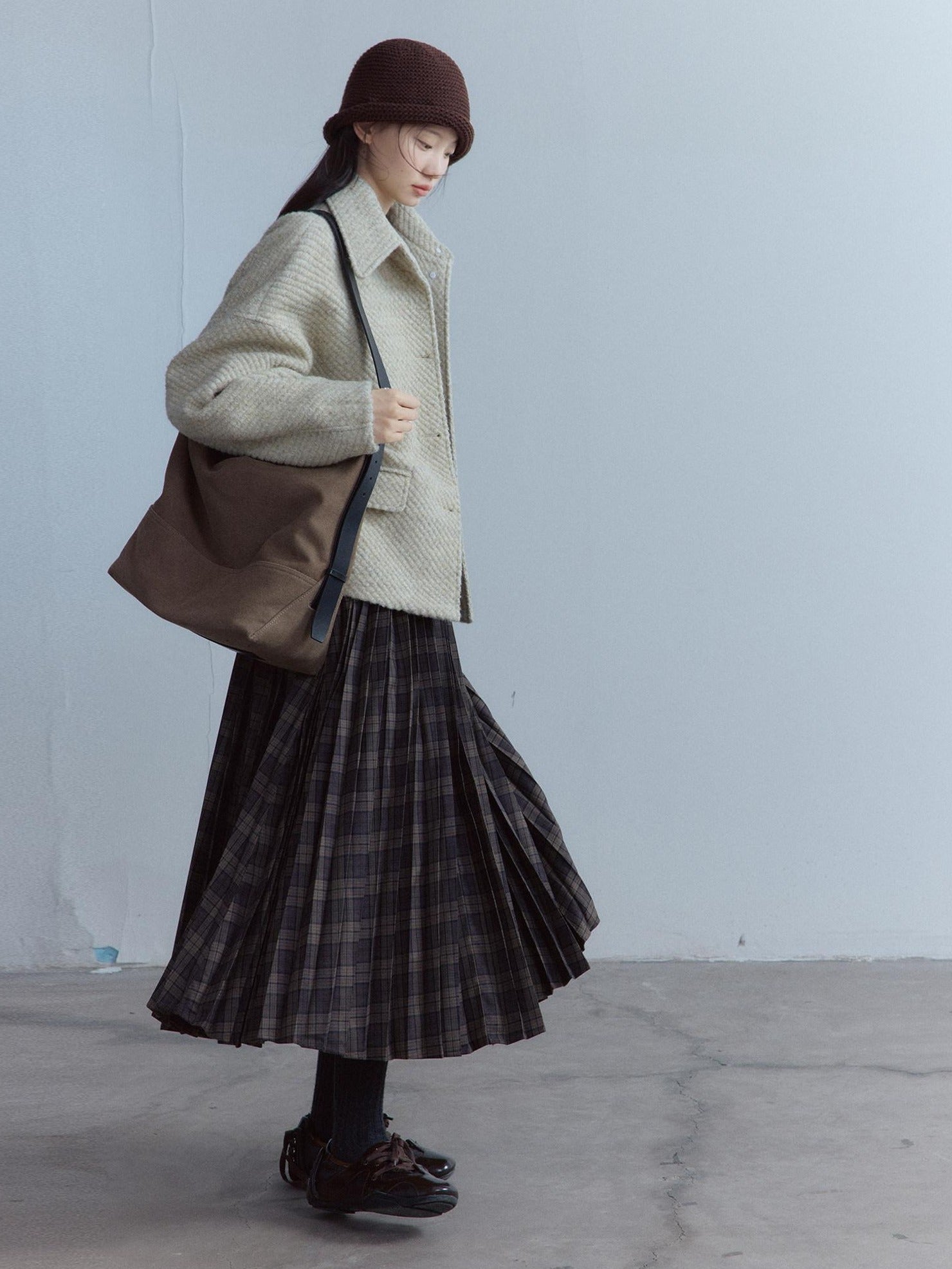 FUSSED Warm Girly Oversized Lapel Women Oatmeal Slanted Pockets Single Button Jacket