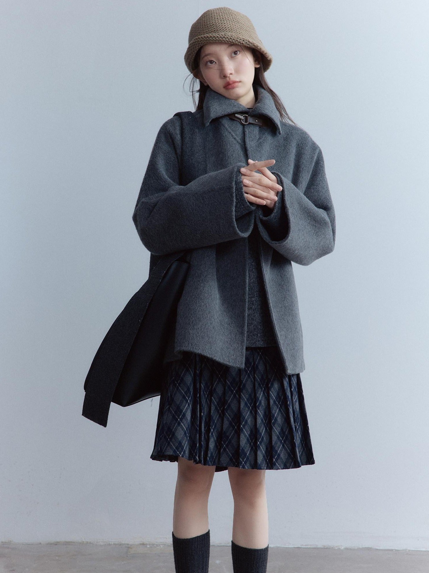 FUSSED Warm Thick Loose Preppy Cute Notched Collar Single Button Women Dark Gray Coat