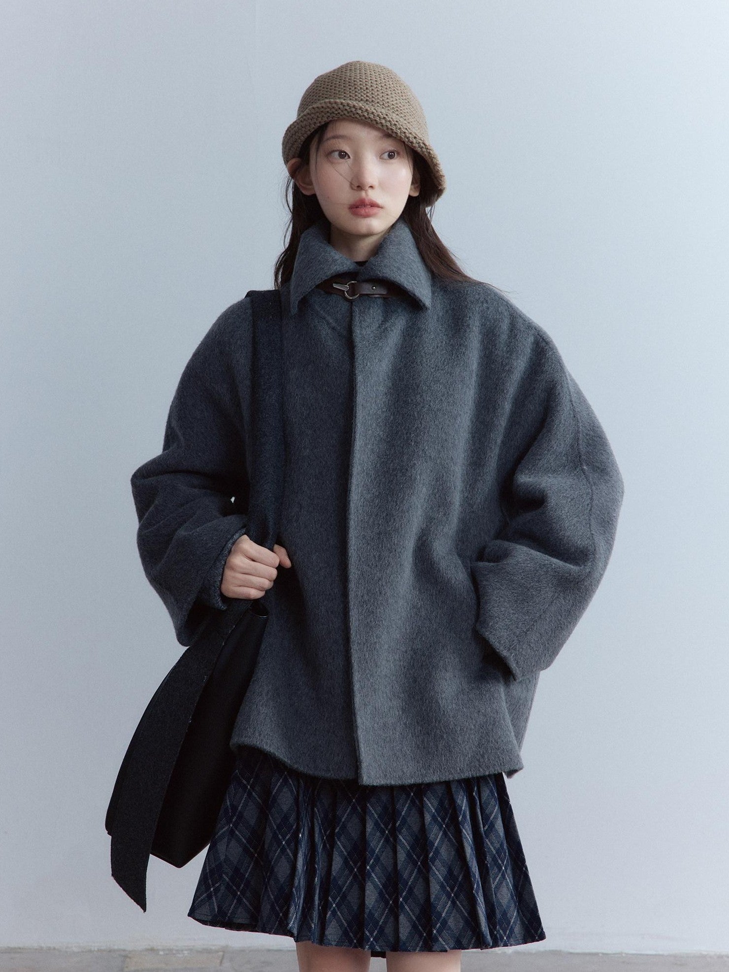 FUSSED Warm Thick Loose Preppy Cute Notched Collar Single Button Women Dark Gray Coat