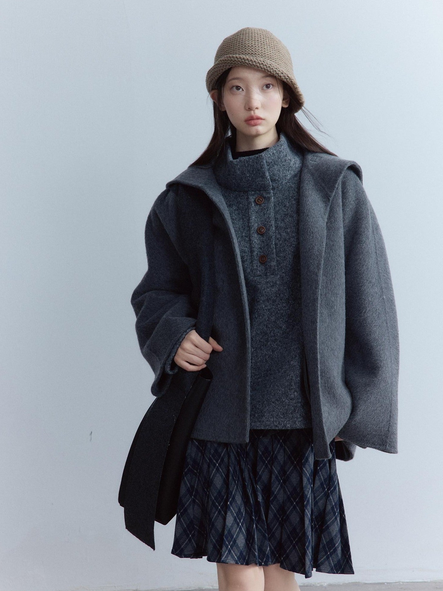 FUSSED Warm Thick Loose Preppy Cute Notched Collar Single Button Women Dark Gray Coat