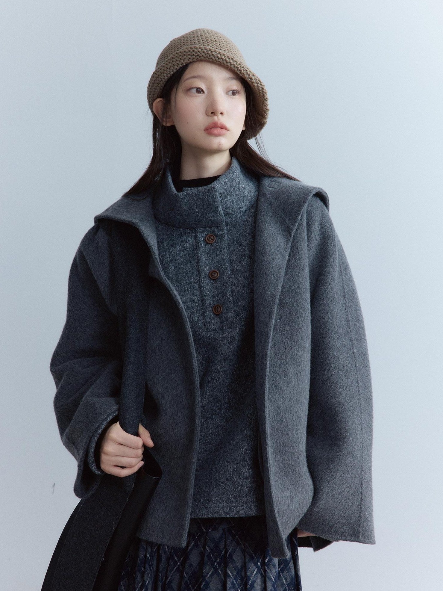 FUSSED Warm Thick Loose Preppy Cute Notched Collar Single Button Women Dark Gray Coat