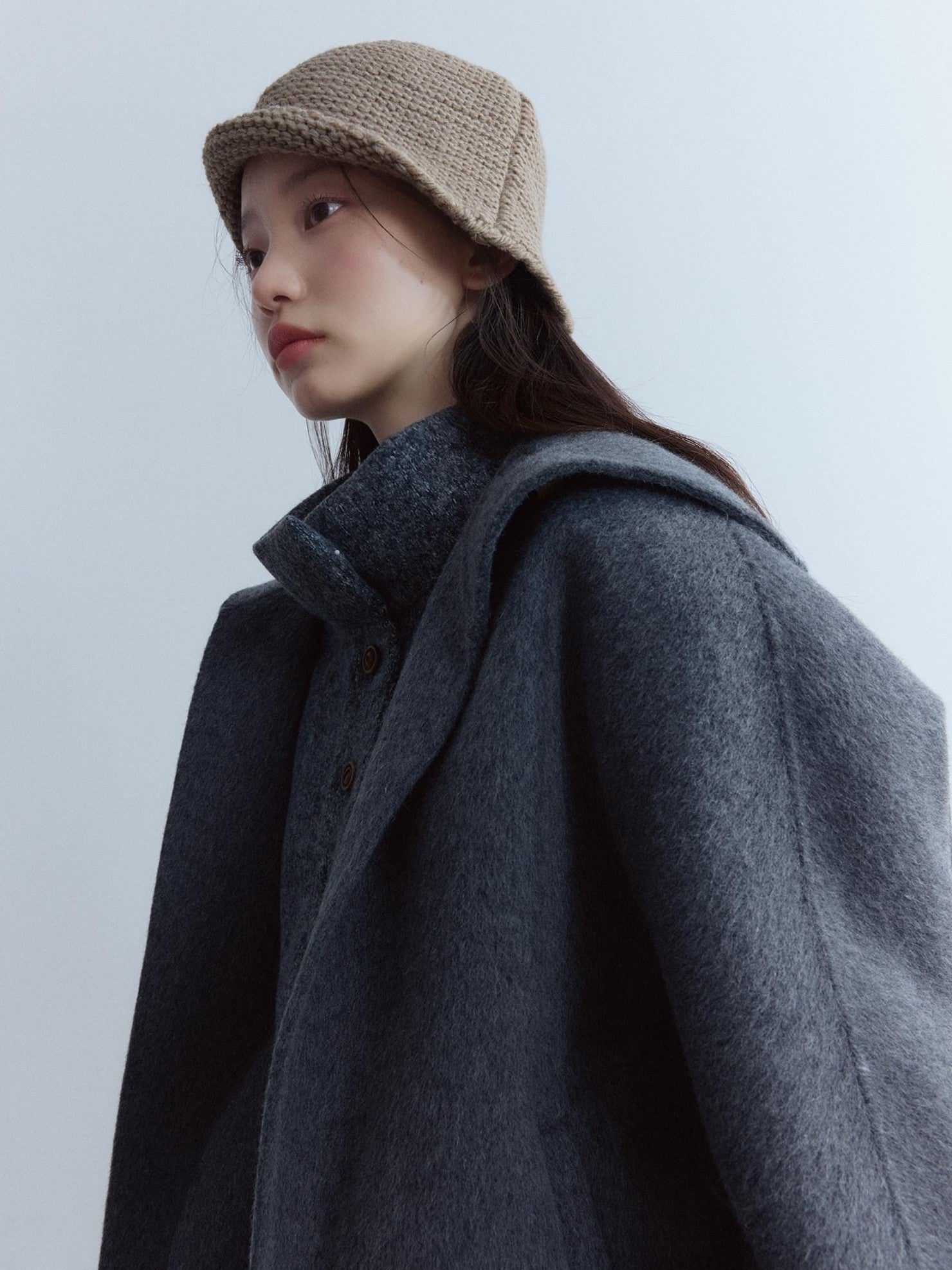 FUSSED Warm Thick Loose Preppy Cute Notched Collar Single Button Women Dark Gray Coat