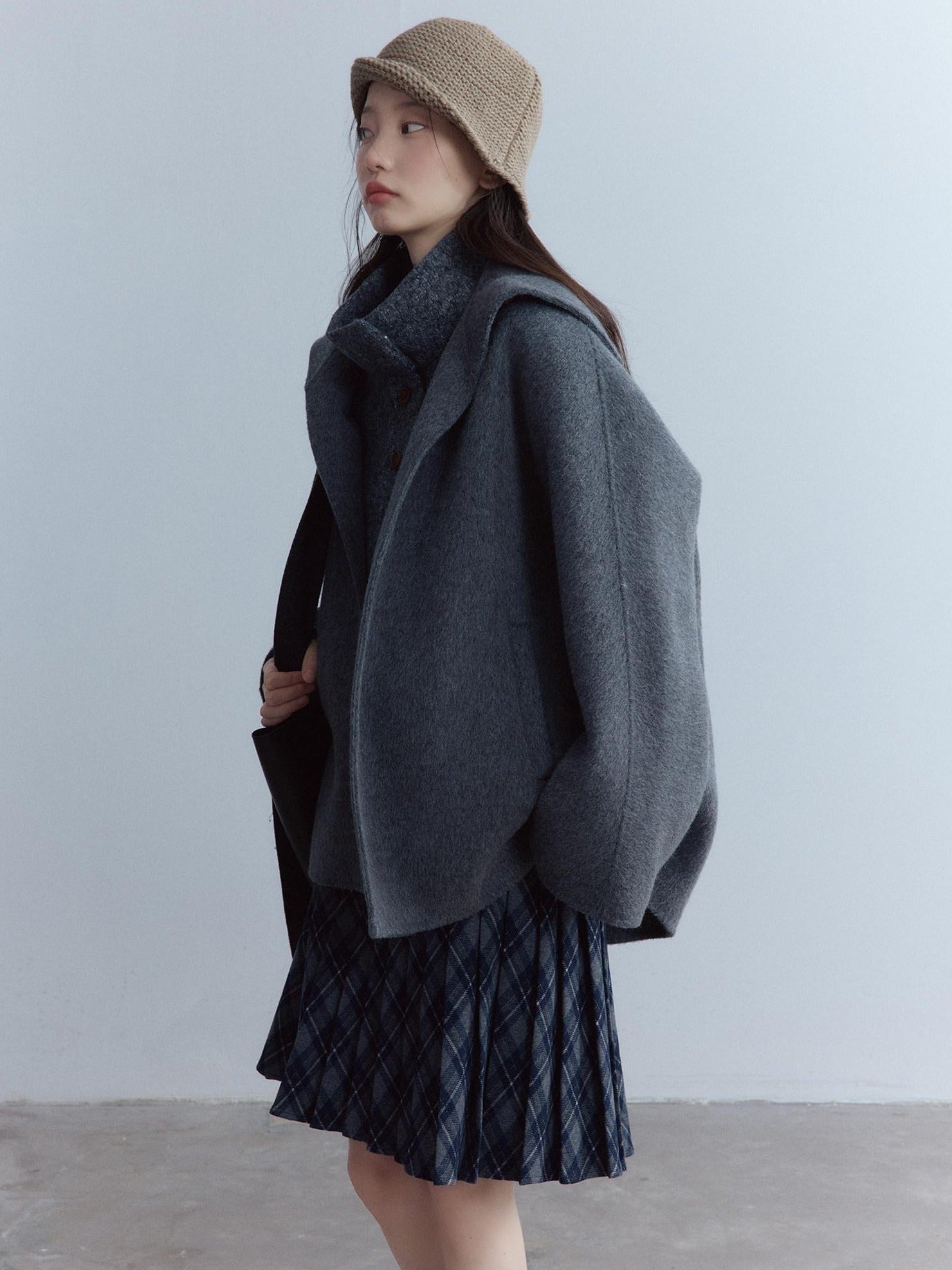 FUSSED Warm Thick Loose Preppy Cute Notched Collar Single Button Women Dark Gray Coat