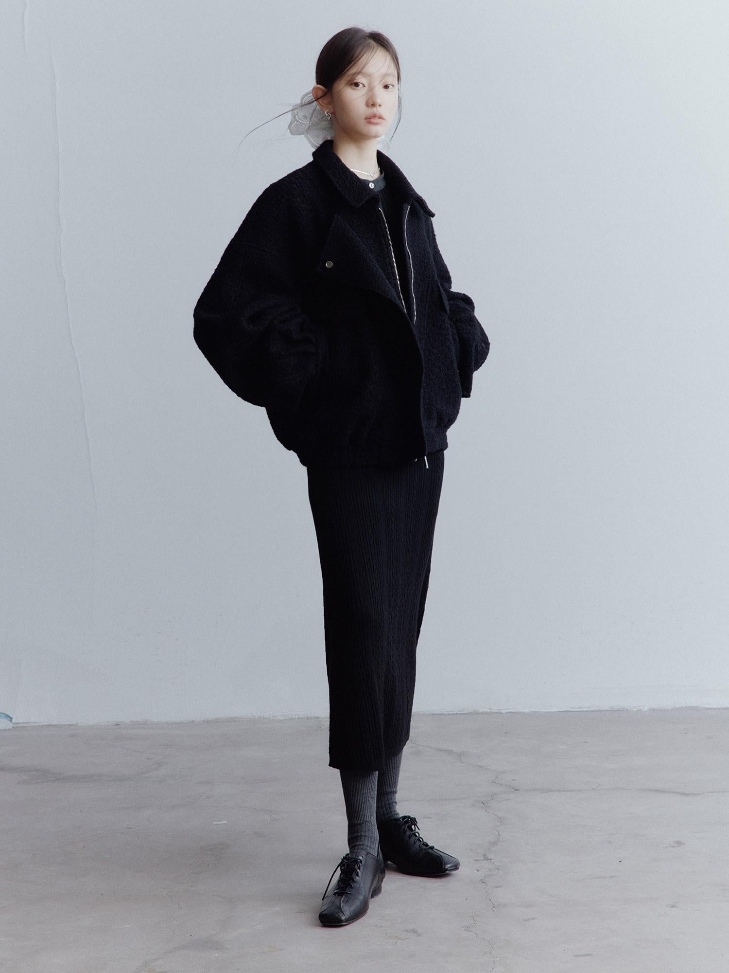 FUSSED Warm Thick Oversized Vintage Lapel Zipper Women Casual Solid Black Jacket
