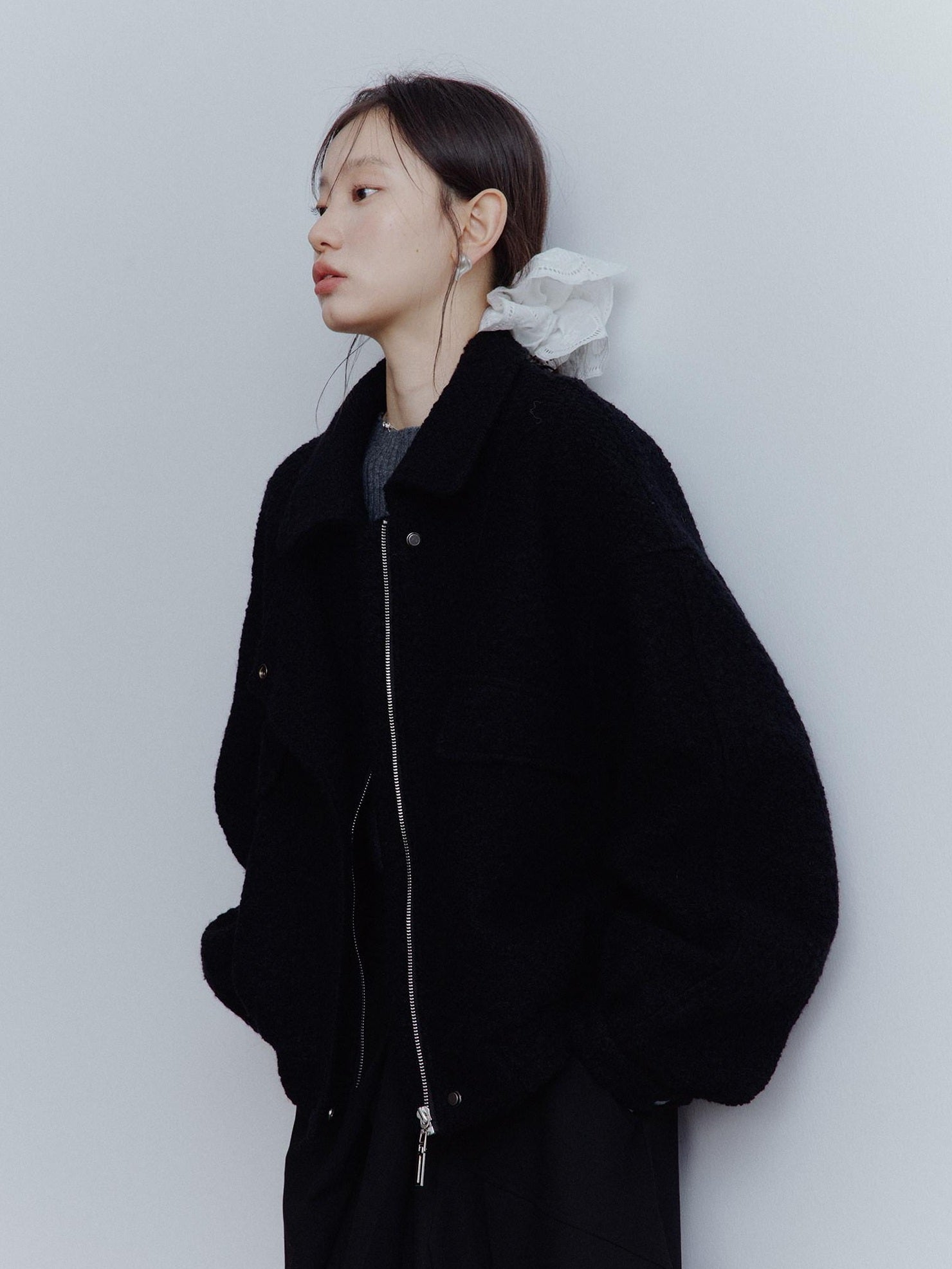 FUSSED Warm Thick Oversized Vintage Lapel Zipper Women Casual Solid Black Jacket