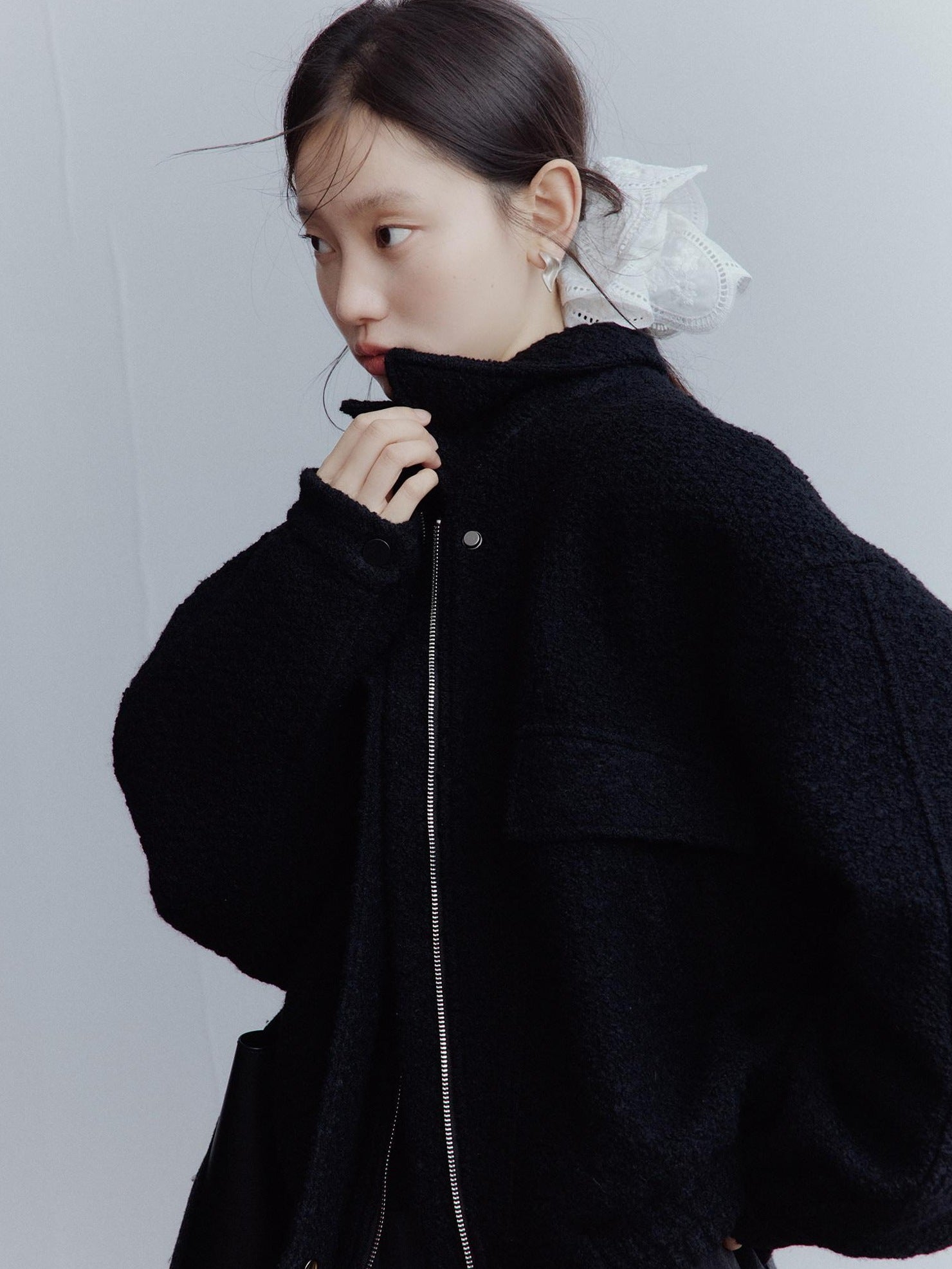 FUSSED Warm Thick Oversized Vintage Lapel Zipper Women Casual Solid Black Jacket