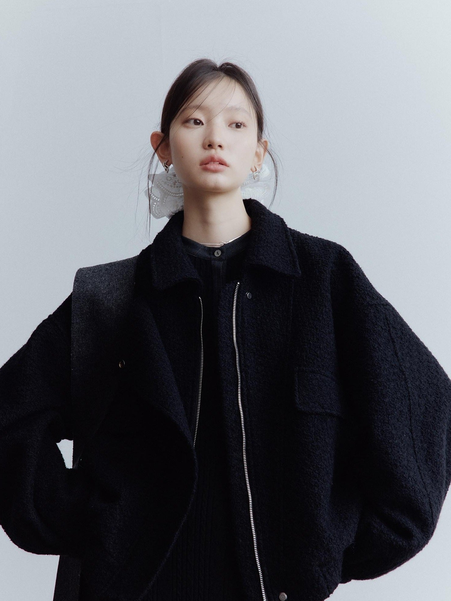 FUSSED Warm Thick Oversized Vintage Lapel Zipper Women Casual Solid Black Jacket