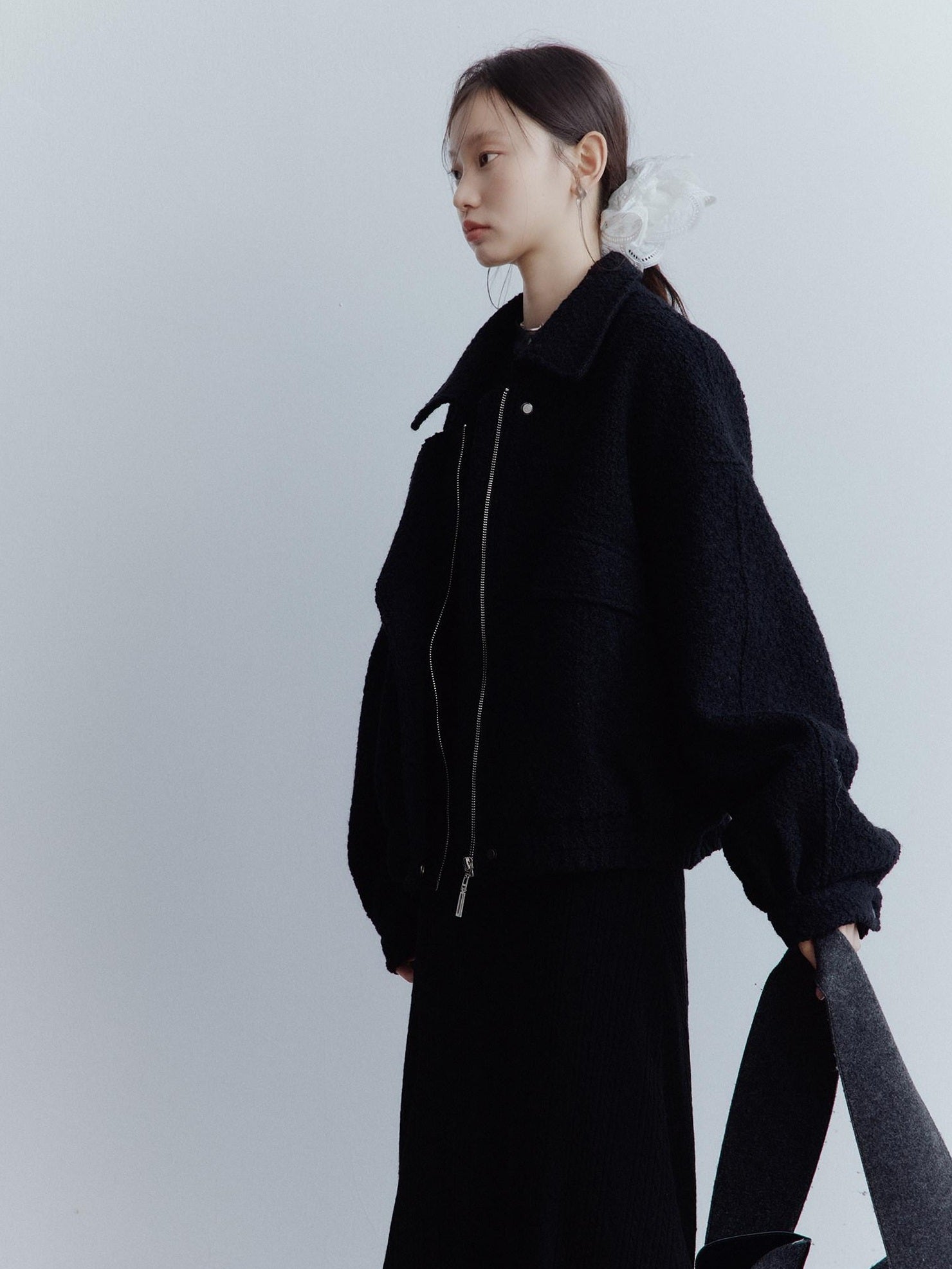 FUSSED Warm Thick Oversized Vintage Lapel Zipper Women Casual Solid Black Jacket