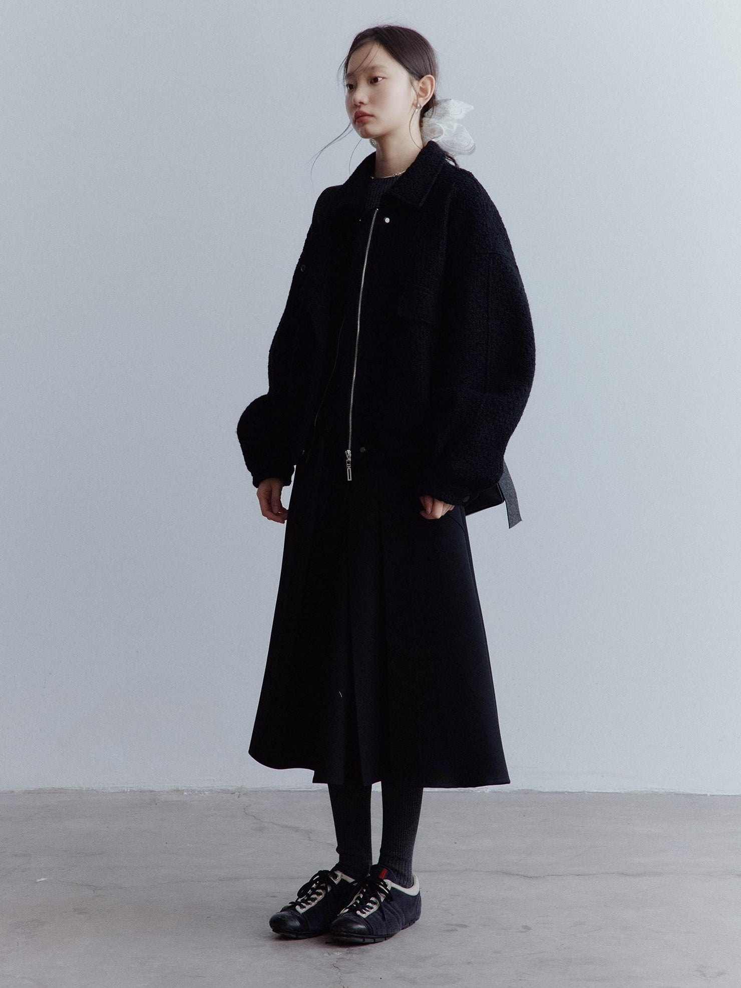 FUSSED Warm Thick Oversized Vintage Lapel Zipper Women Casual Solid Black Jacket