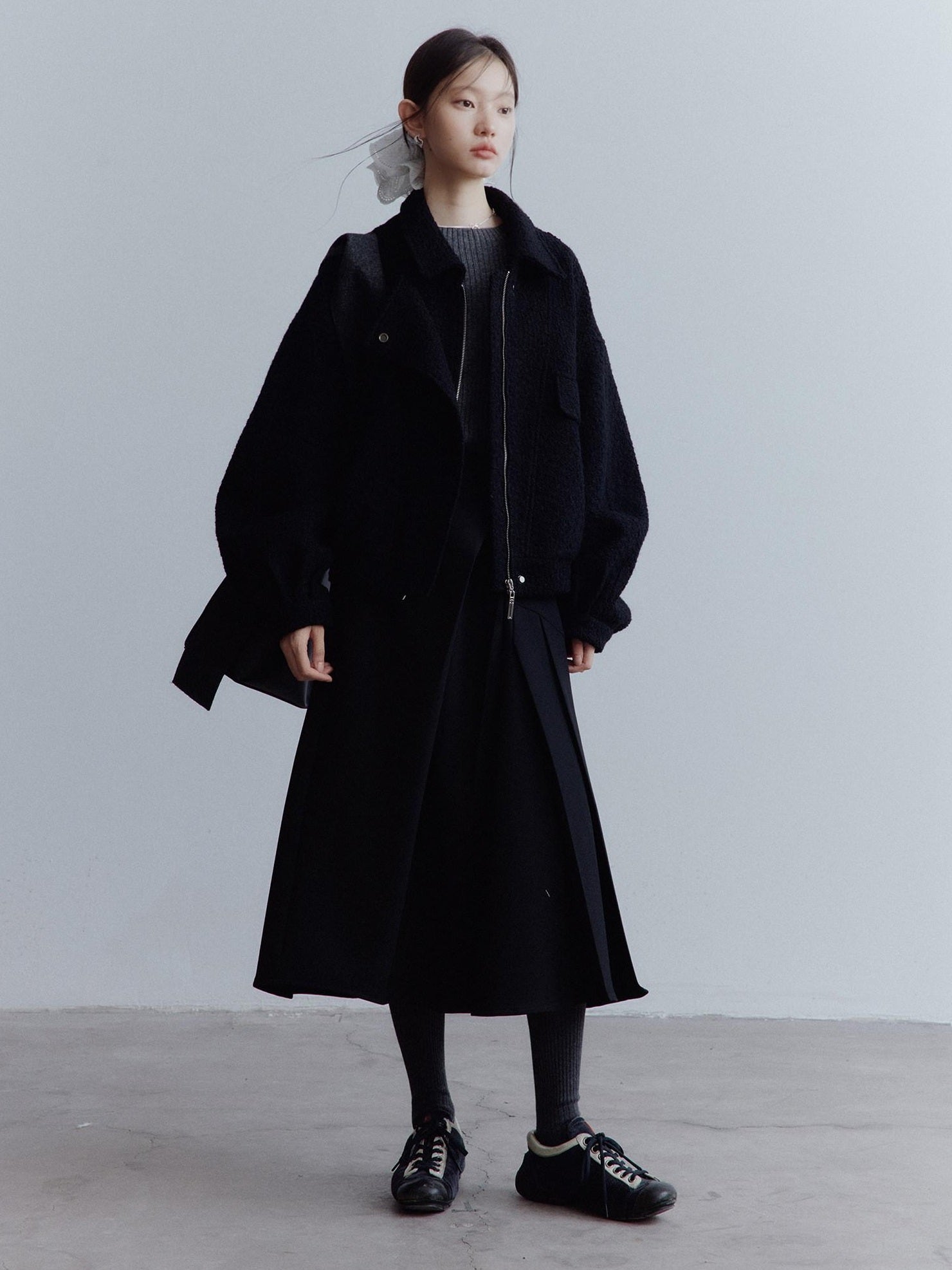 FUSSED Warm Thick Oversized Vintage Lapel Zipper Women Casual Solid Black Jacket