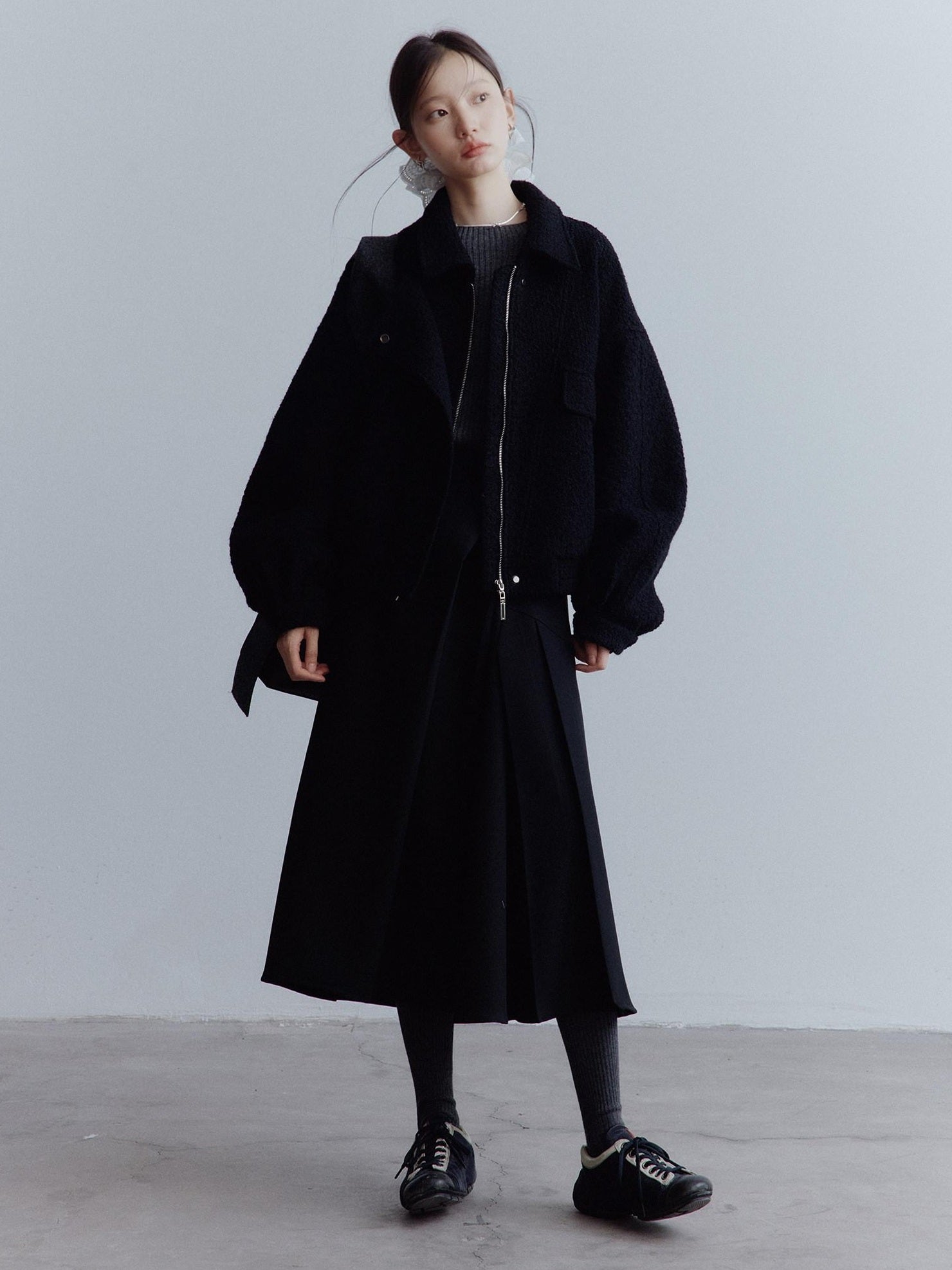 FUSSED Warm Thick Oversized Vintage Lapel Zipper Women Casual Solid Black Jacket